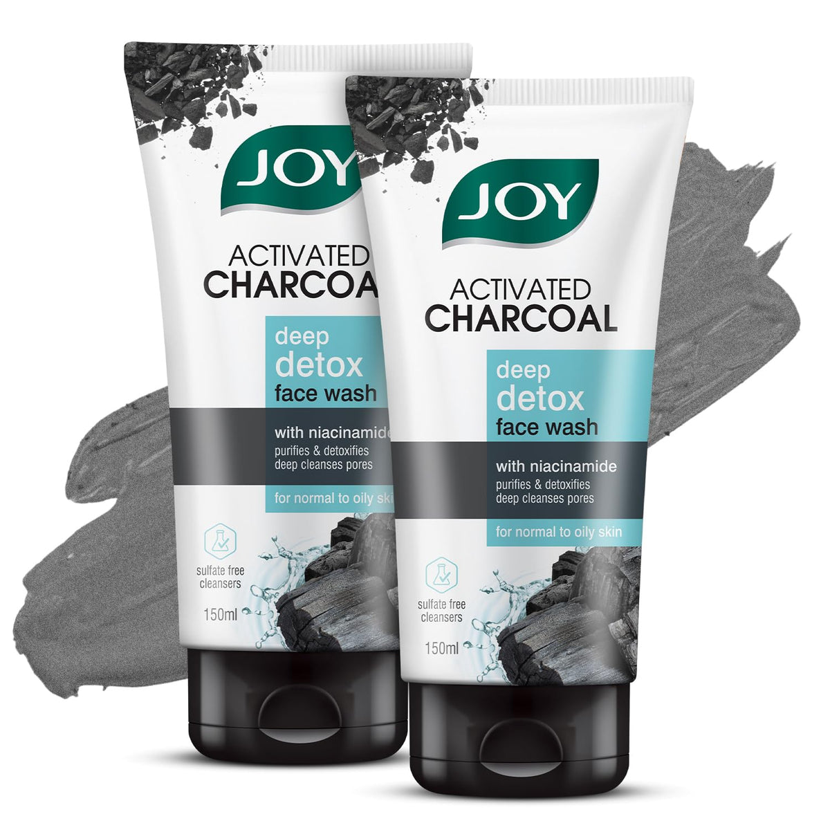 Joy Activated Charcoal Face Wash for Oily Skin 150ml x 2 | Controls Oil & Removes Dirt & Blackheads | Fights Pollution, Reduces Acne & Pimples For a Clearer & S