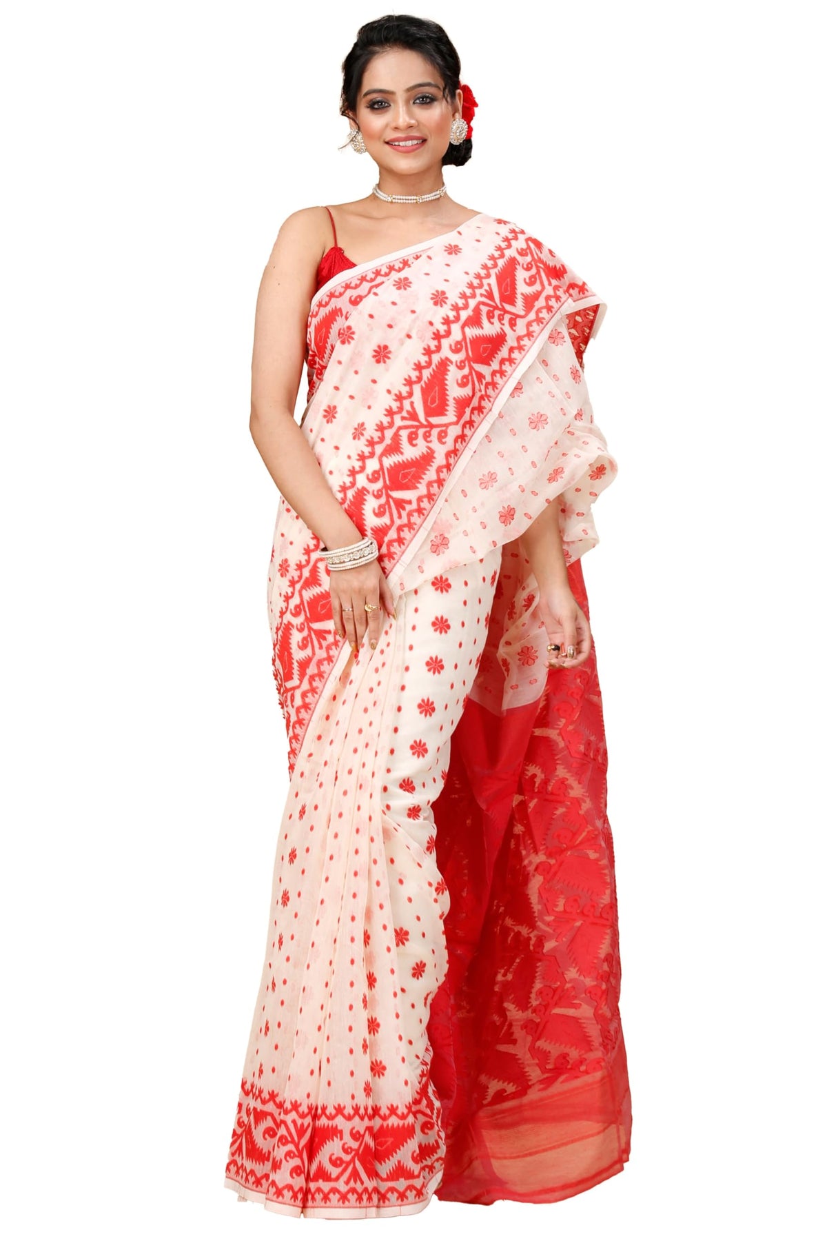 Women's Traditional Bengal Cotton Silk Soft Jamdani Saree - Beautiful design and Quality - Without Blouse Piece White Red