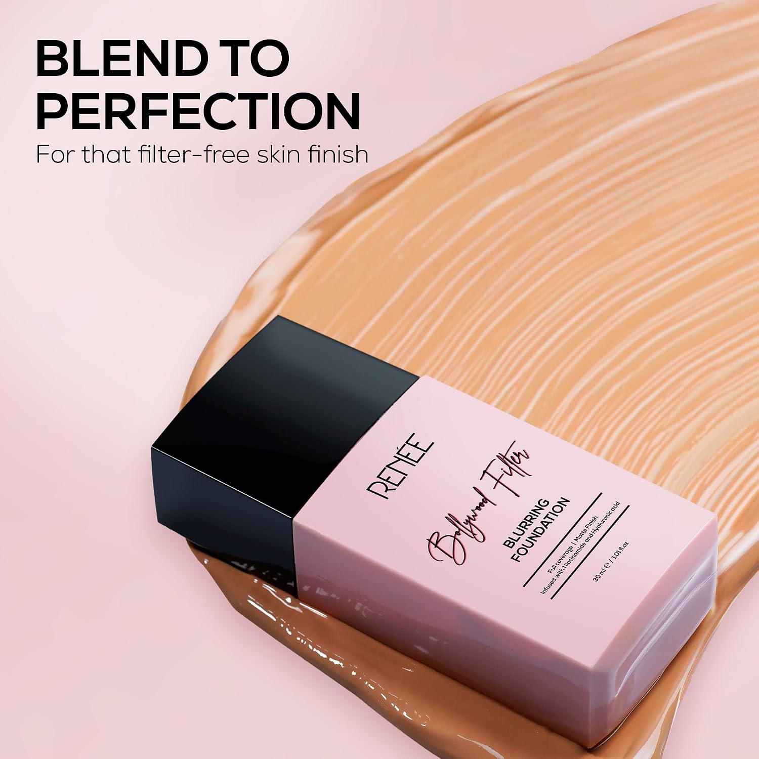 RENEE Bollywood Filter Blurring Liquid Foundation - Biscoff Blur | Full Coverage, Matte Finish | Blurs Pores & Blemishes | Hydrates & Evens Skin Tone | with Niacinamide & Hyaluronic Acid | 30ml