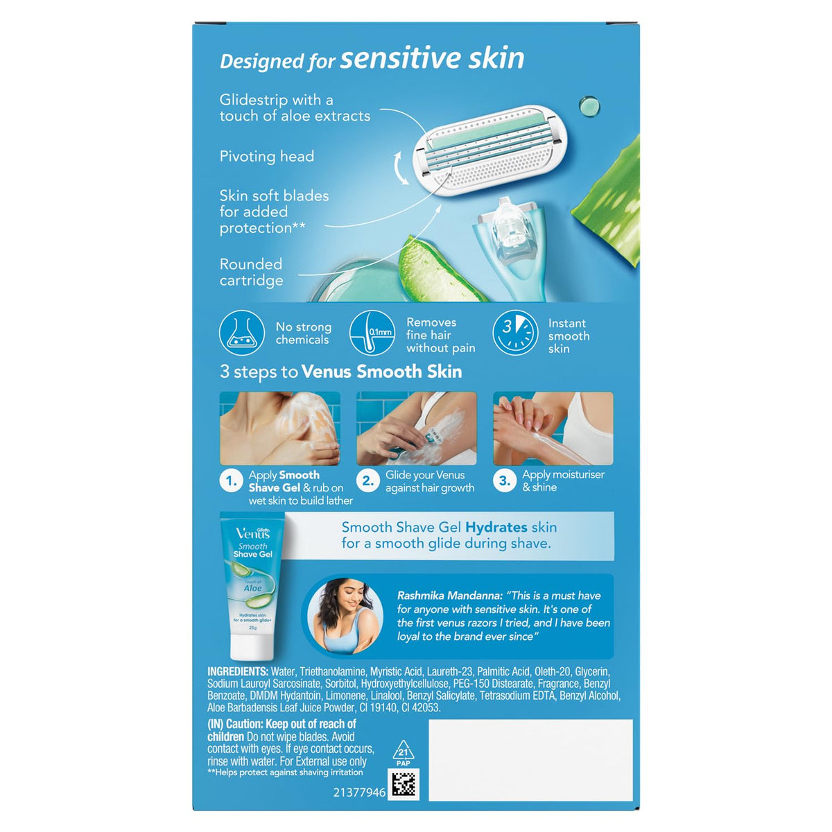 Gillette Venus Women Smooth Combo Pack | Razor Plus 3 Refills | Aloe Vera Smooth H+3C