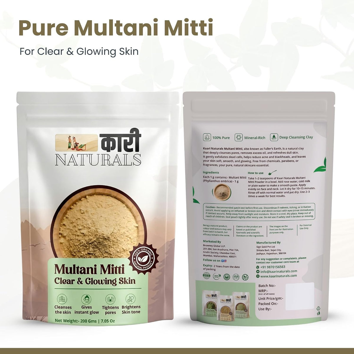 Multani Mitti Powder (Pack of 3 x 200 Grams) | Cleanses Face & Scalp, instant face glow, tightens pores, brightens tone & removes dead skin | 100% Pure & Organi