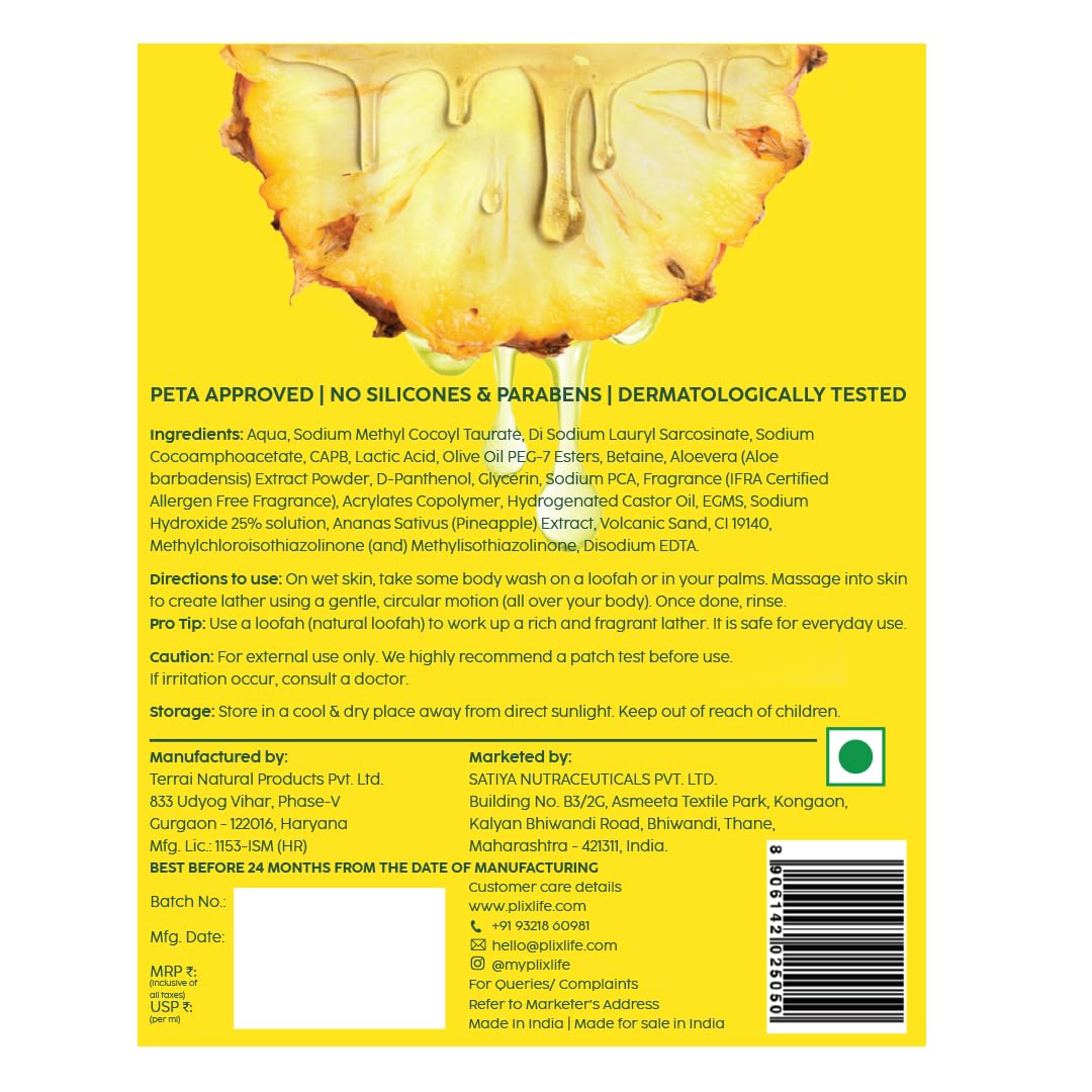 The Plant Fix Plix Pineapple 5% Lactic Acid Exfoliating Body Wash For All Skin Types, Paraben-Free Shower Gel, For Dry, Rough & Strawberry Skin, 236 Ml