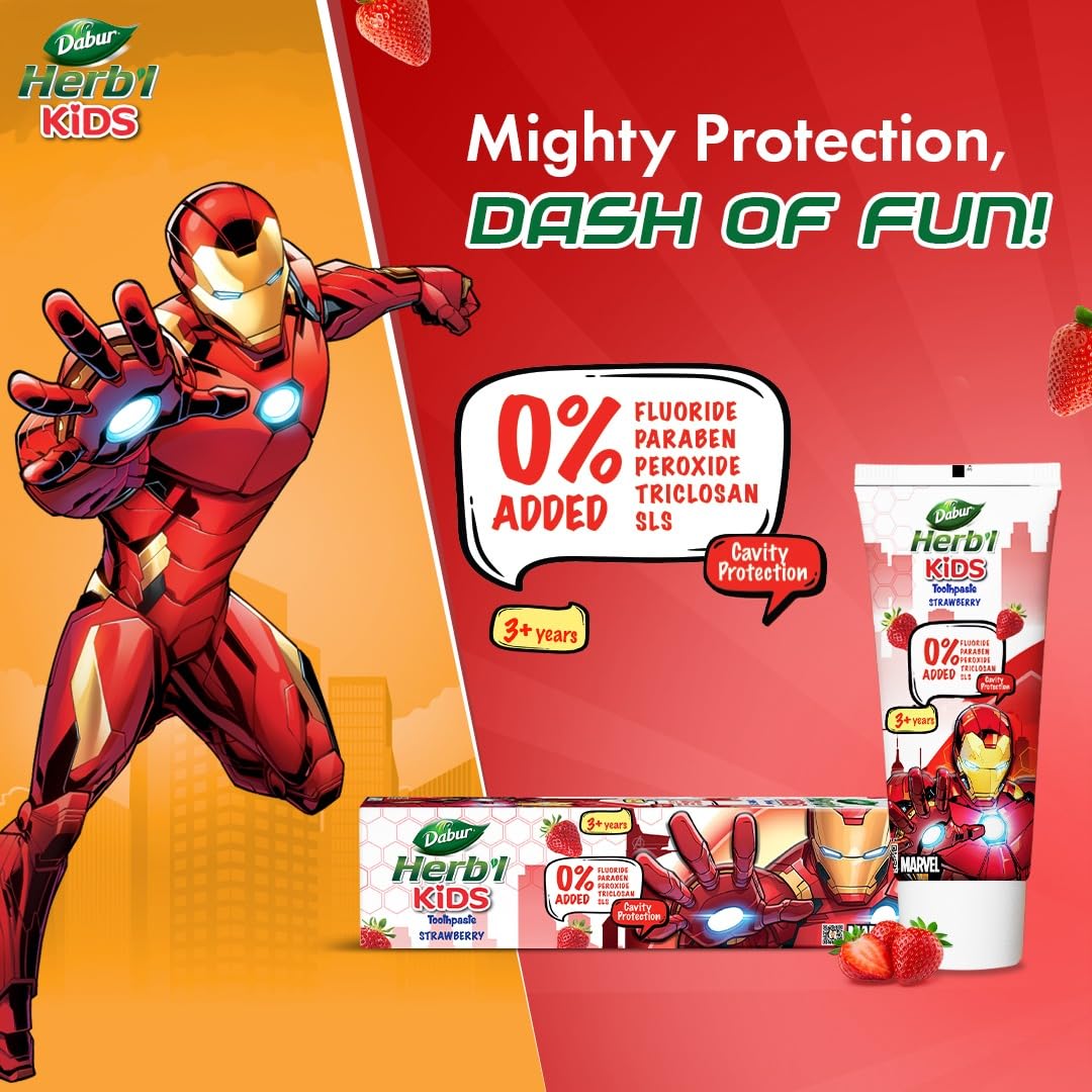 DABUR Herb'l Kids Iron Man Toothpaste|3+ Years|Strawberry Flavour|80 G|No Added Chemicals|Cavity Protection|Fights Germs|Strong Teeth,Healthy Gums|Natural & Safe For Kids|Sls & Flouride Free