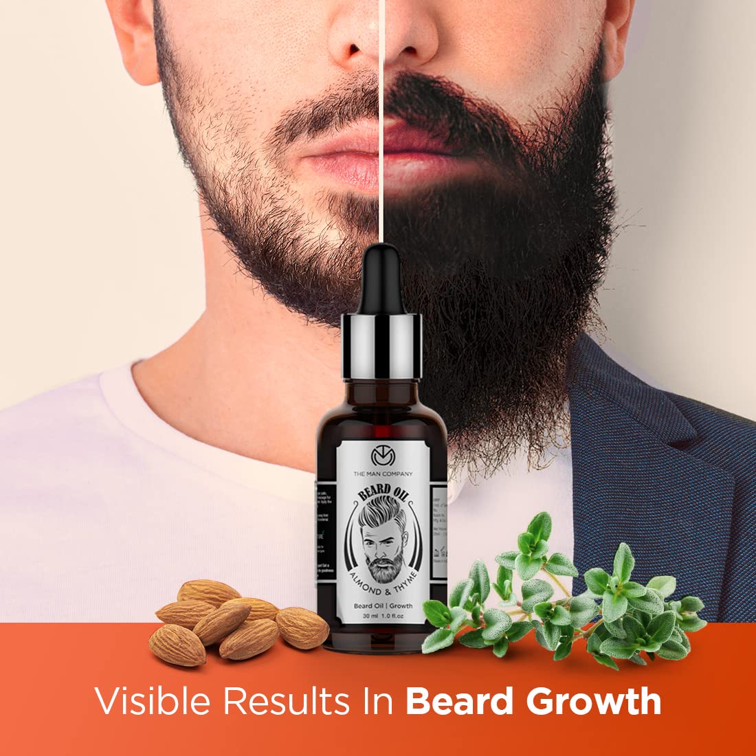 The Man Company Beard Oil for Growing Beard Faster with Almond & Thyme, NATURAL, Best Beard Growth Oil for Man, Nourishes & Strengthens Uneven Patchy Beard - 30