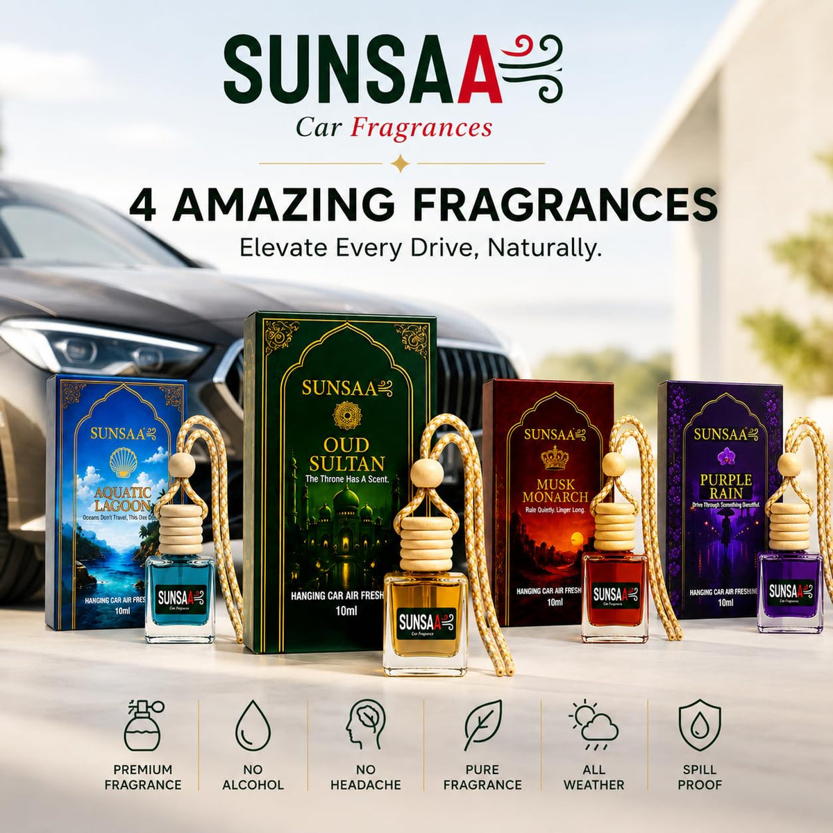 Premium Car Hanging Perfume Diffuser Combo Pack of 2 | Oudh Sultan & Musk Monarch Fragrance | Luxury Car Air Freshener for Car, SUV, Office & Home | Hanging Car