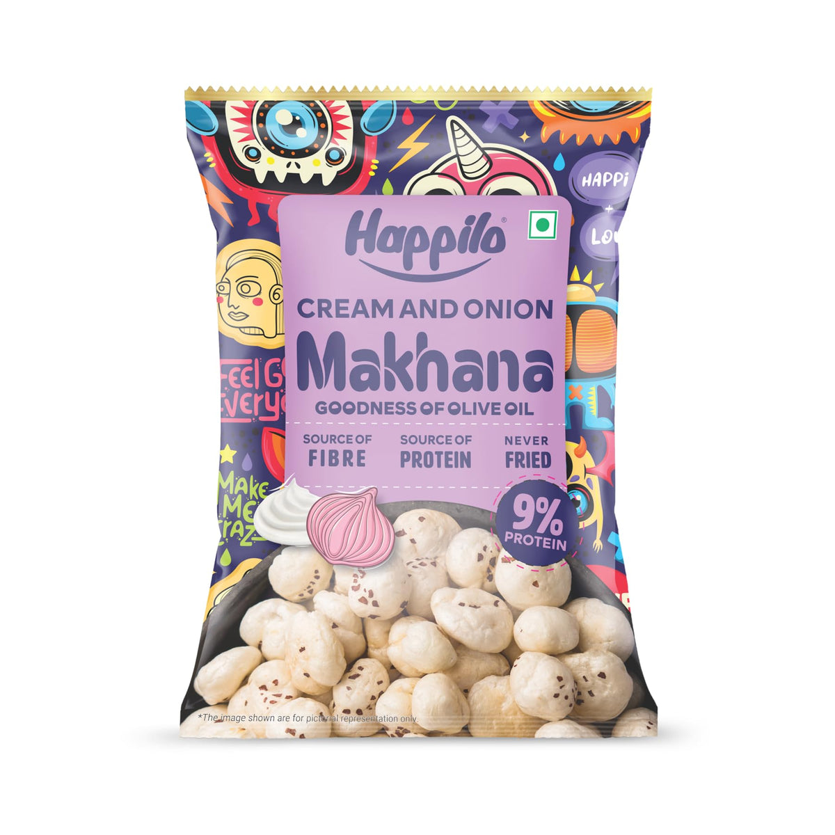 Happilo Premium Super Snack Makhana Cream & Onion 55g | Roasted Foxnuts, Phool Makhana | Tasty & Crunchy Snacks 55 g (Pack of 1)