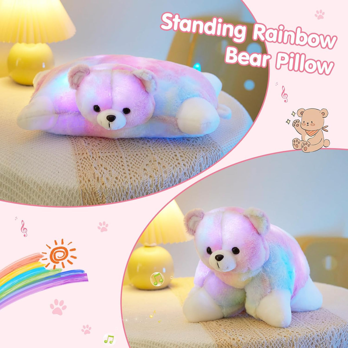 Glow Guards 15" Light up Musical Rainbow Teddy Bear Plush Pillow Cute Pink