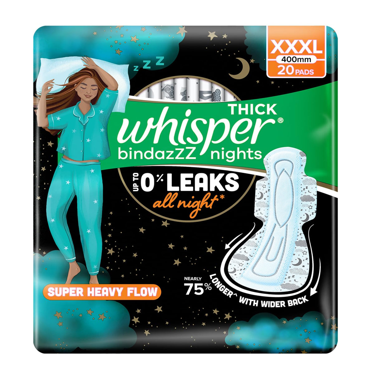Whisper bindazzz Nights Pads For Women, XXX-Large Pack of 20 pads Scent: unscented XXXL 20