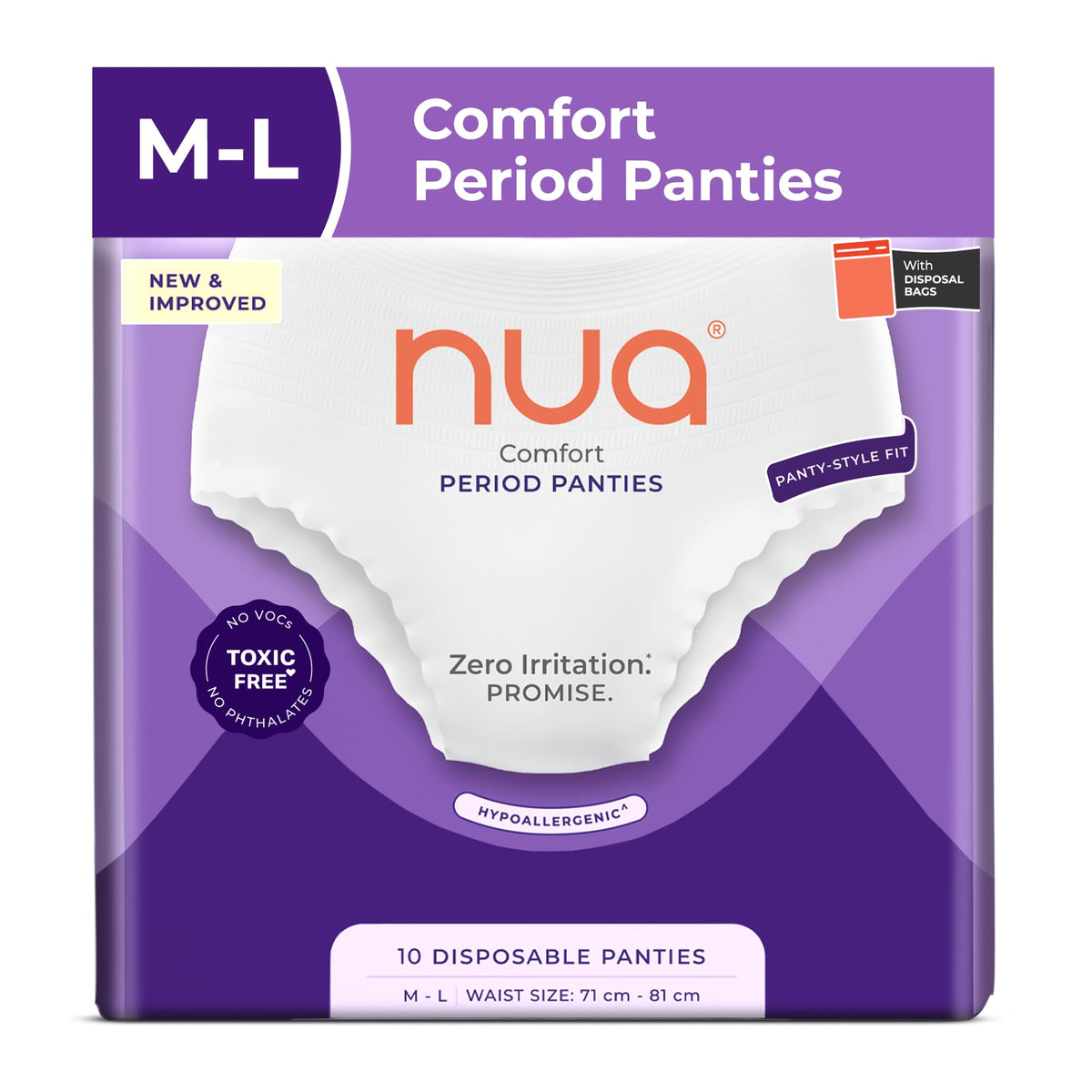 Nua Comfort Disposable Period Panties (M-L) | Pack of 10 Panties | Disposable | 360° Coverage | Zero Irritation | 4x Comfort | For Heavy Flow | No rashes | Leak