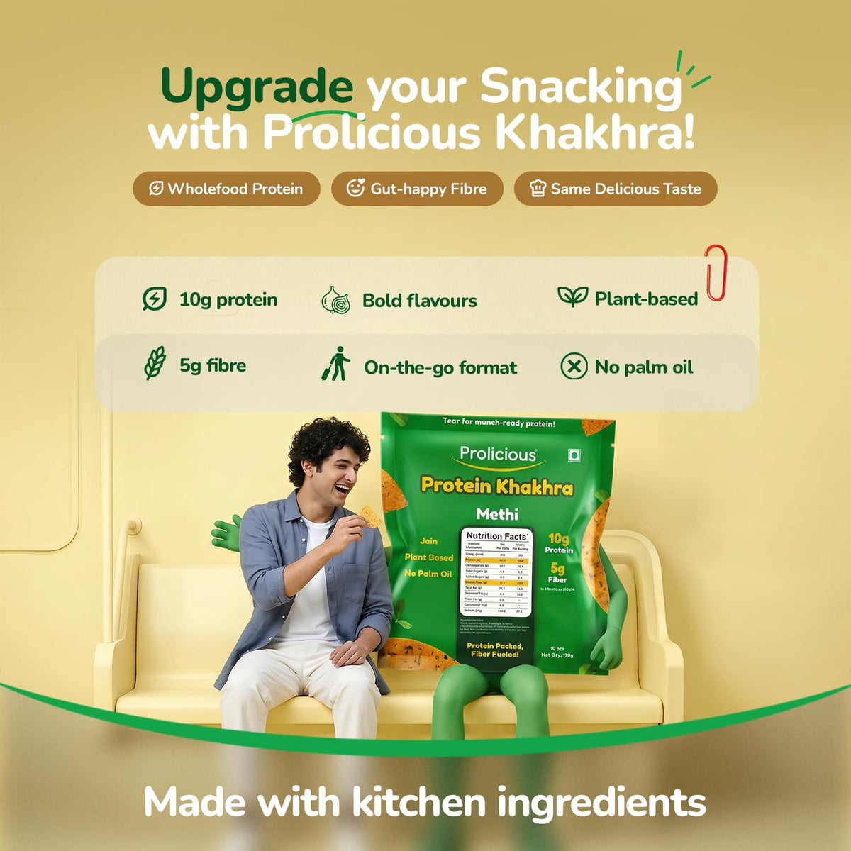 Prolicious Healthy Protein Khakhra| 34g Protein & 17g Fibre Per Pack Per Pack |Vegan Snack|Jain| No Maida |No Palm Oil| 170g (Pack of 4) |Methi Methi 170 g (Pac