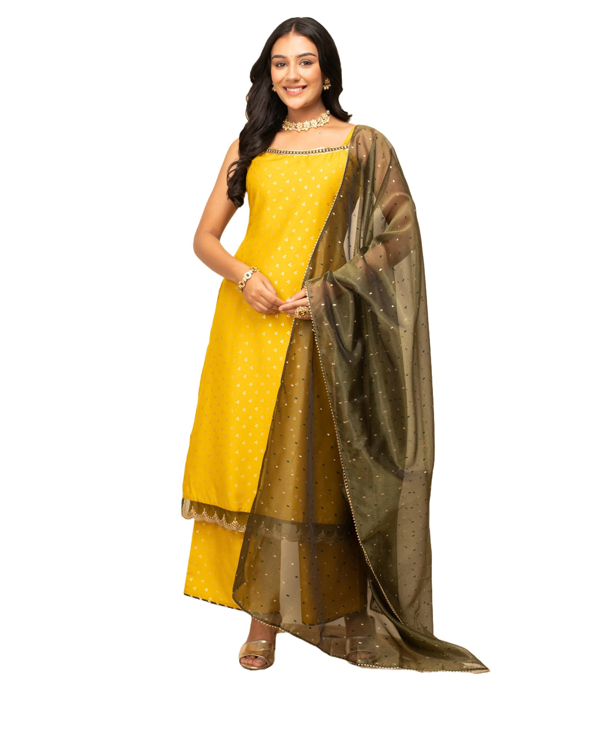 FIORRA Women's Yellow Silk Blend Straight Kurta with Palazzo and Dupatta X-Large