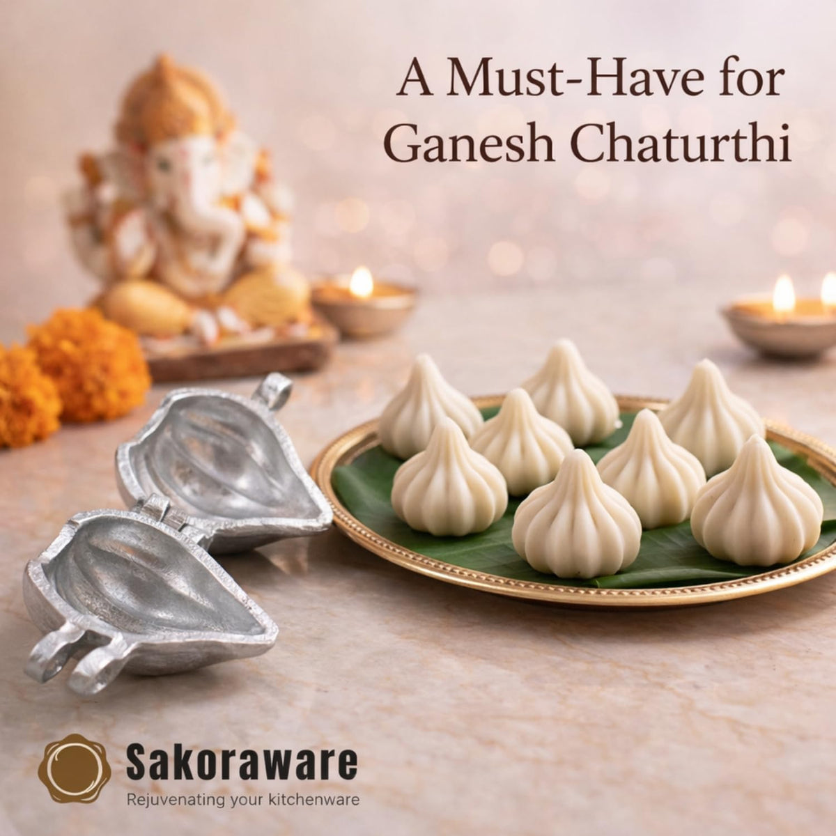 Sakoraware Aluminium Modak Maker Mould Mold Sacha Cutter | Gujiya Karanji Maker Machine | Dumpling Maker Kitchen Moulds for Holi | Ganesh Chaturthi | Diwali | F