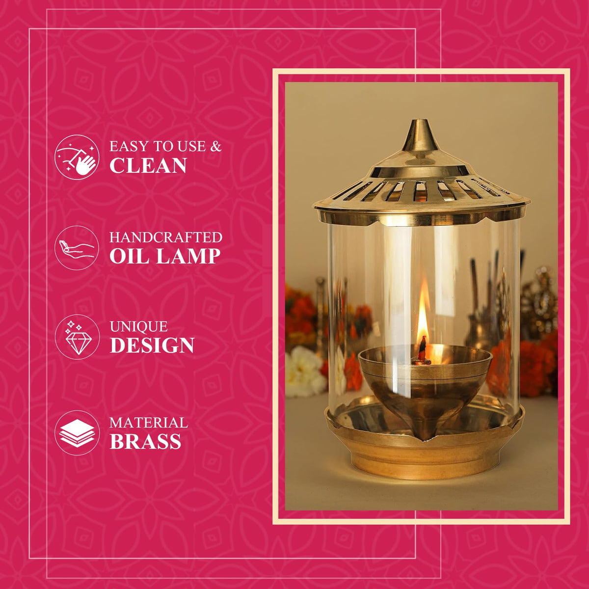 Klassic Kumbha 8 Inch Large Akhand Diya with Borosilicate Glass Shade, Wick Holder & Brass Lid | Premium Brass Oil Lamp for Mandir, Pooja, Diwali | Wind-Protect
