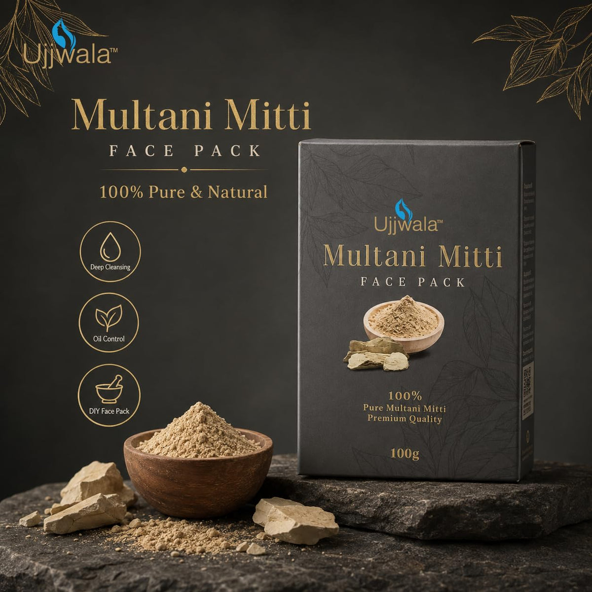 Ujjwala Multani Mitti Face Pack Powder, 100% Pure and Natural, Fuller's Earth, Reduces Blemishes, Unscented, Pack of 2, 100g Each (Multani Mitti)