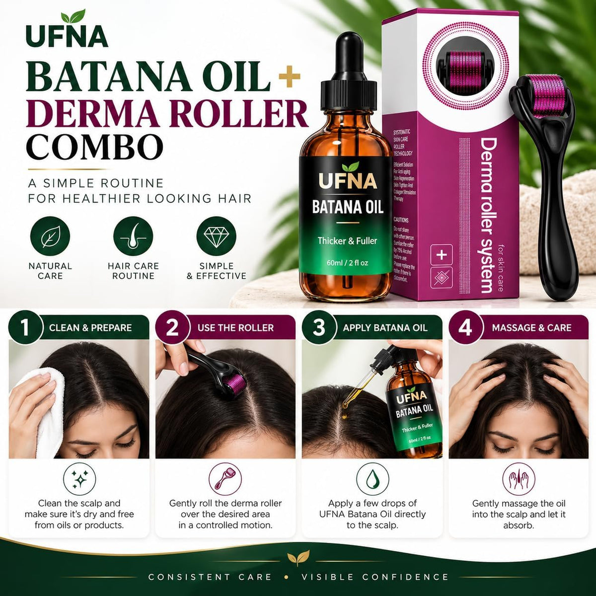 UFNA Batana with Derma Roller, Nourishing Scalp Care for Men & Women, Conditioning Care for Dry & Rough Strands, Helps Maintain Smooth & Healthy-Looking Appeara