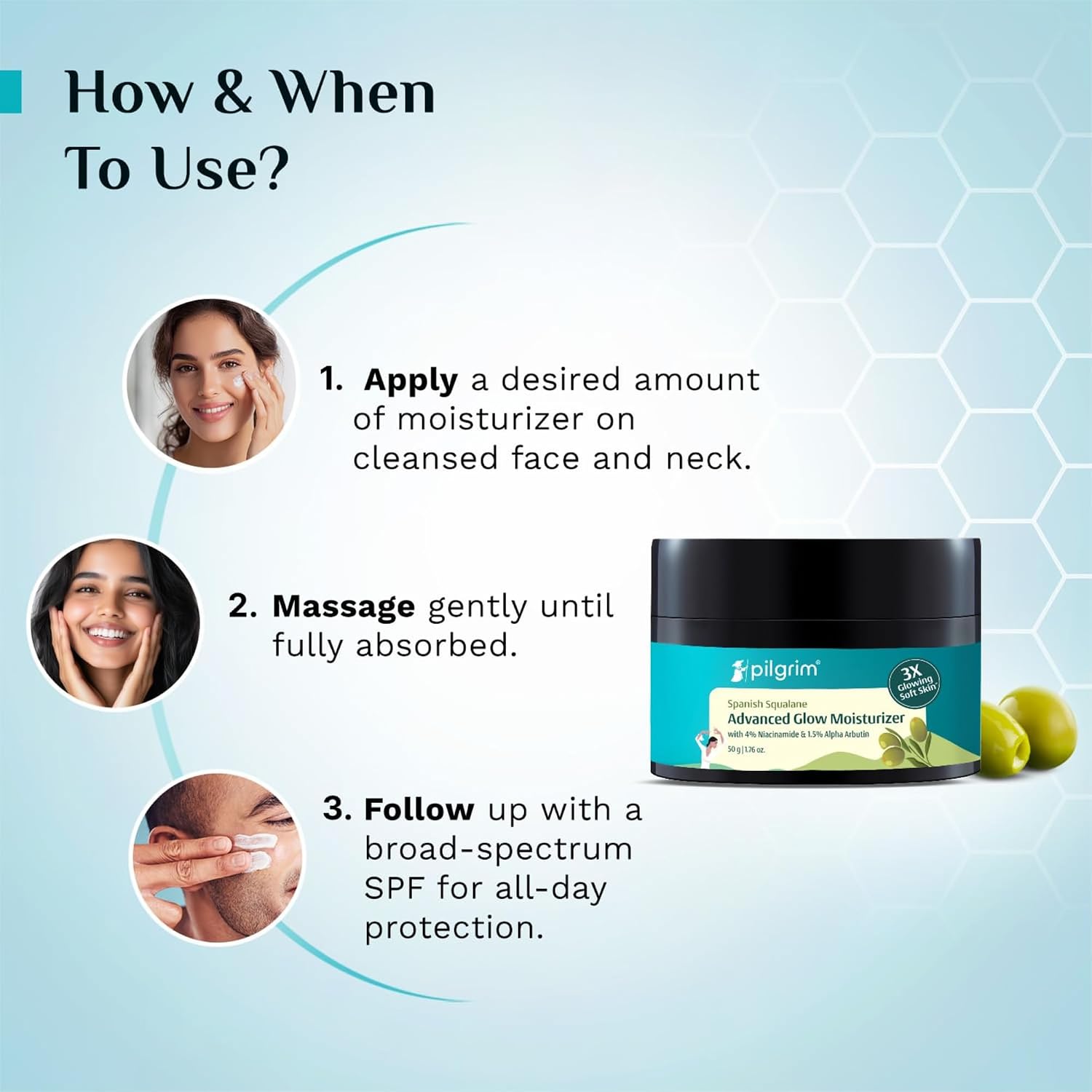 Pilgrim Squalane Niacinamide & Vitamin C Glow Moisturizer for face, dry skin hydration | With vitamin c for glowing skin | Non-greasy | For Women and Men I 50 gm