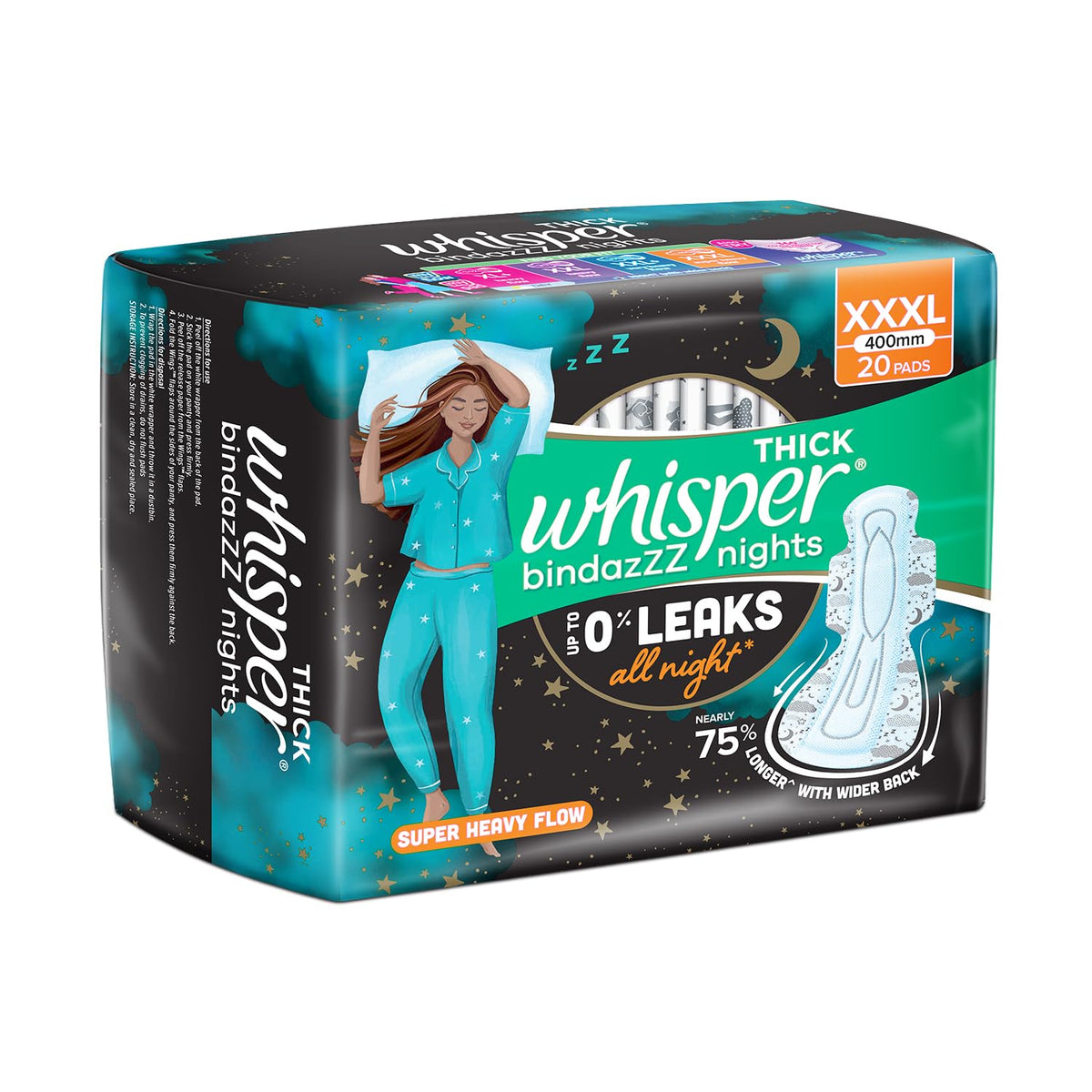 Whisper bindazzz Nights Pads For Women, XXX-Large Pack of 20 pads Scent: unscented XXXL 20