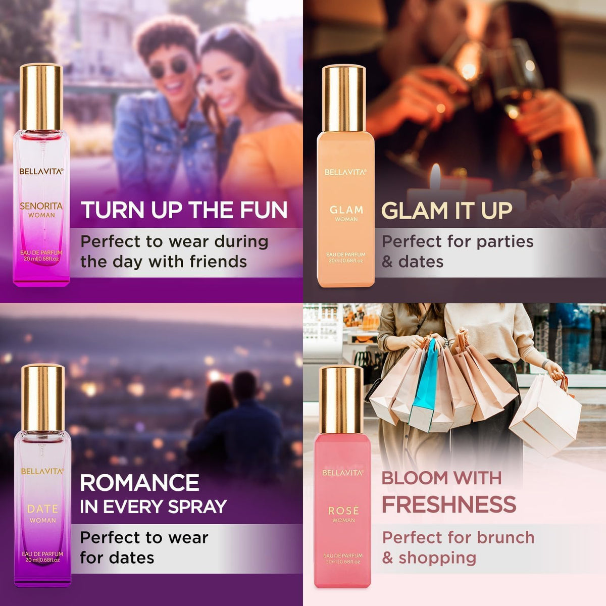 Bella Vita Luxury | Perfume Gift Set for Women 4x20ml | Gifts for Woman | Perfume for Woman | Date, Senorita, Glam, Rose Long Lasting EDP | Floral & Fruity Prem