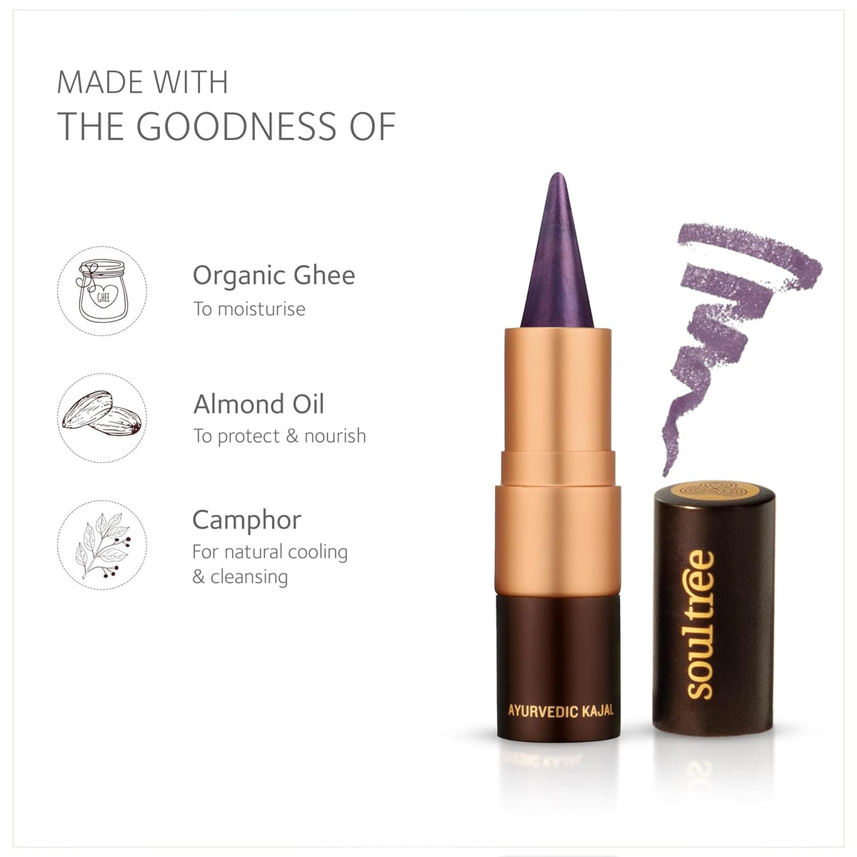 SoulTree Ayurvedic Kajal | Pure Black | Surma Smoke — Abyssal Black Onyx | Enriched with 100% Organic Ghee, Almond Oil & Camphor | Soothe, Cool & Nourish Eyes |