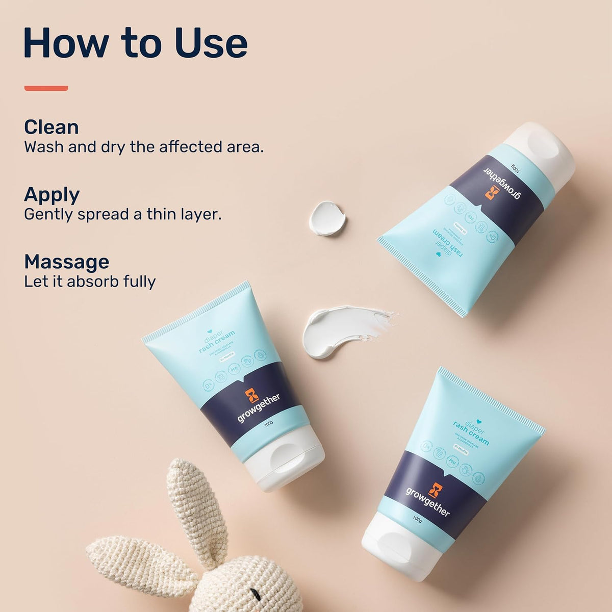Growgether Baby Diaper Rash Cream | 3-in-1 Daily Protection with Zinc Oxide, Squalane & Chamomile, Hypoallergenic, Free from Parabens & Dyes, Fragrance-Free, No