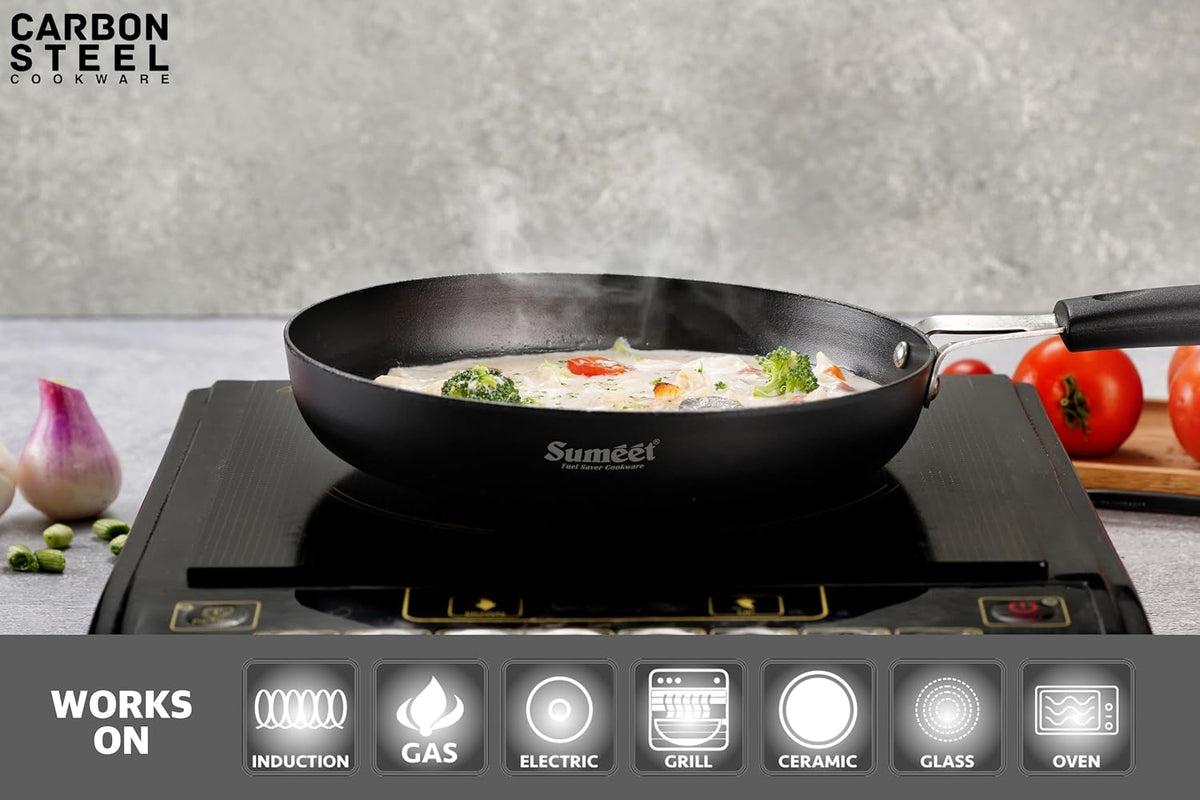 Sumeet Super Smooth Pre Seasoned Carbon Steel (Iron) Fry Pan for Frying, Roasting, Saute|Naturally Nonstick |20.5cm | 1100ml, Gas & Induction-Friendly, Black Fr