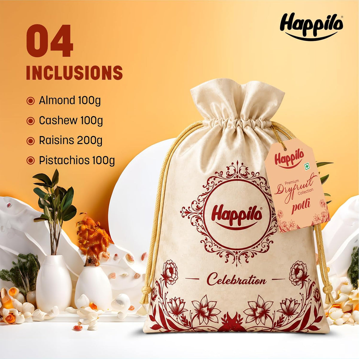 Happilo Dry Fruit Gifitng Potli 500g, Almonds, Cashews, Raisins, Pistachios