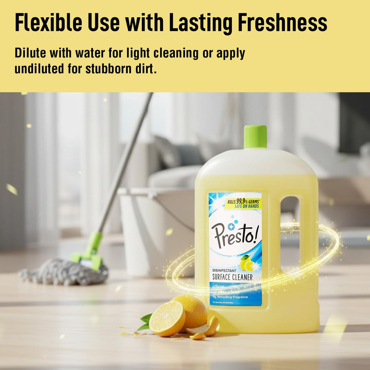 Amazon Brand - Presto! Disinfectant Surface & Floor Cleaner Liquid | Citrus | 2 Litre | 1 Can | Kills 99.9% Germs | Removes Stains | Safe on Hands Floor Cleaner