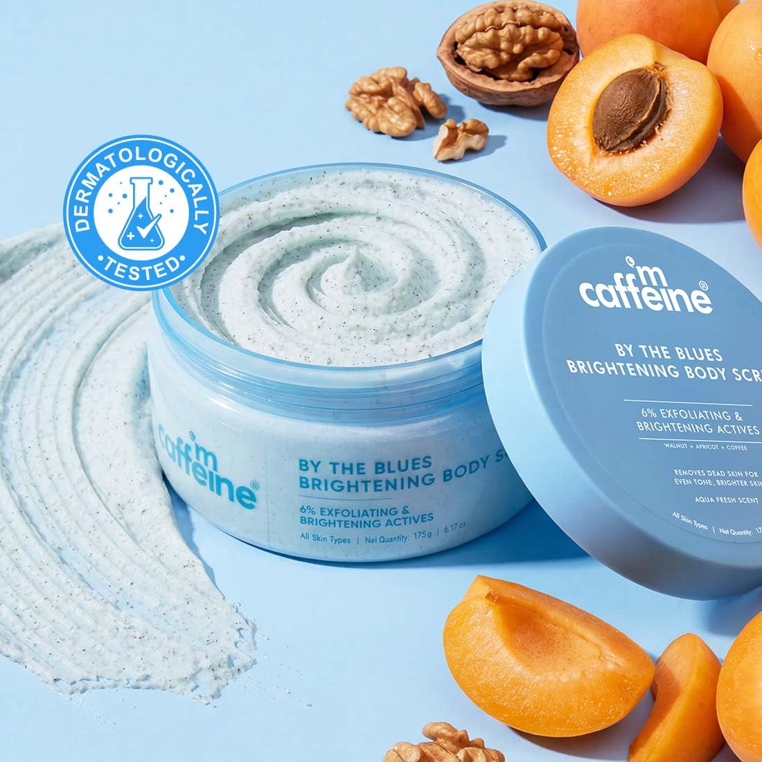 mCaffeine Bright Body Duo | By The Blues Exfoliating & Brightening Scrub & Perfume Lotion | 6% Actives | Walnut & Apricot | Niacinamide & Glutathione | 72 hr Mo