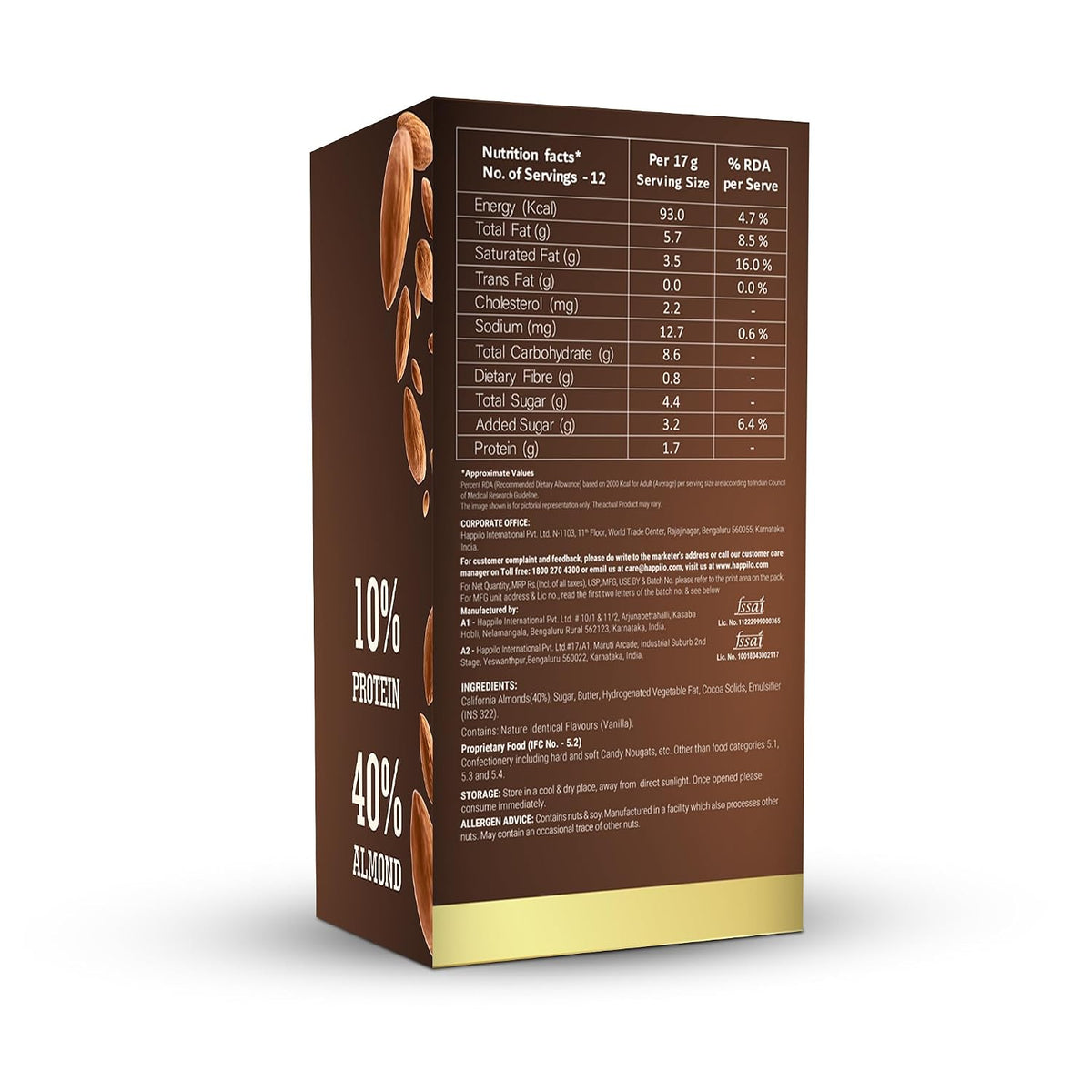 Happilo Premium Almond Chocolate Krunch Box 17g (Pack of 6), 10% Protein, 40% Almonds, Nutrient Rich, High in Protein and Fiber Bar