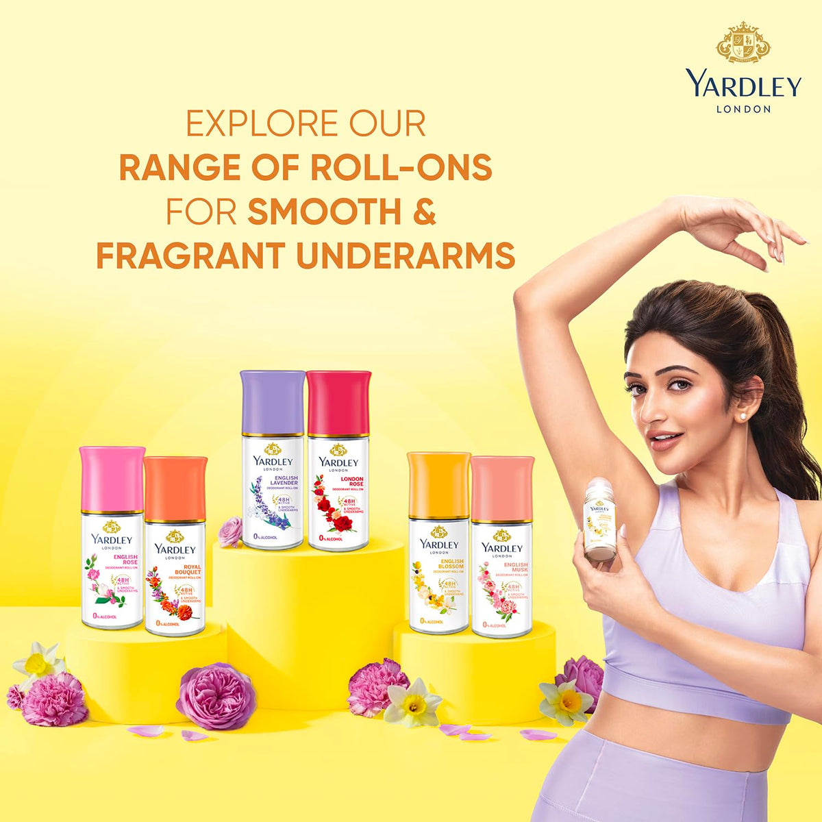 Yardley London English Blossom | Underarm Deodorant Roll On| With Licorirce Extract & Floral Extracts | Smooth & Eventoned Underarms | 72 H Long Lasting Floral
