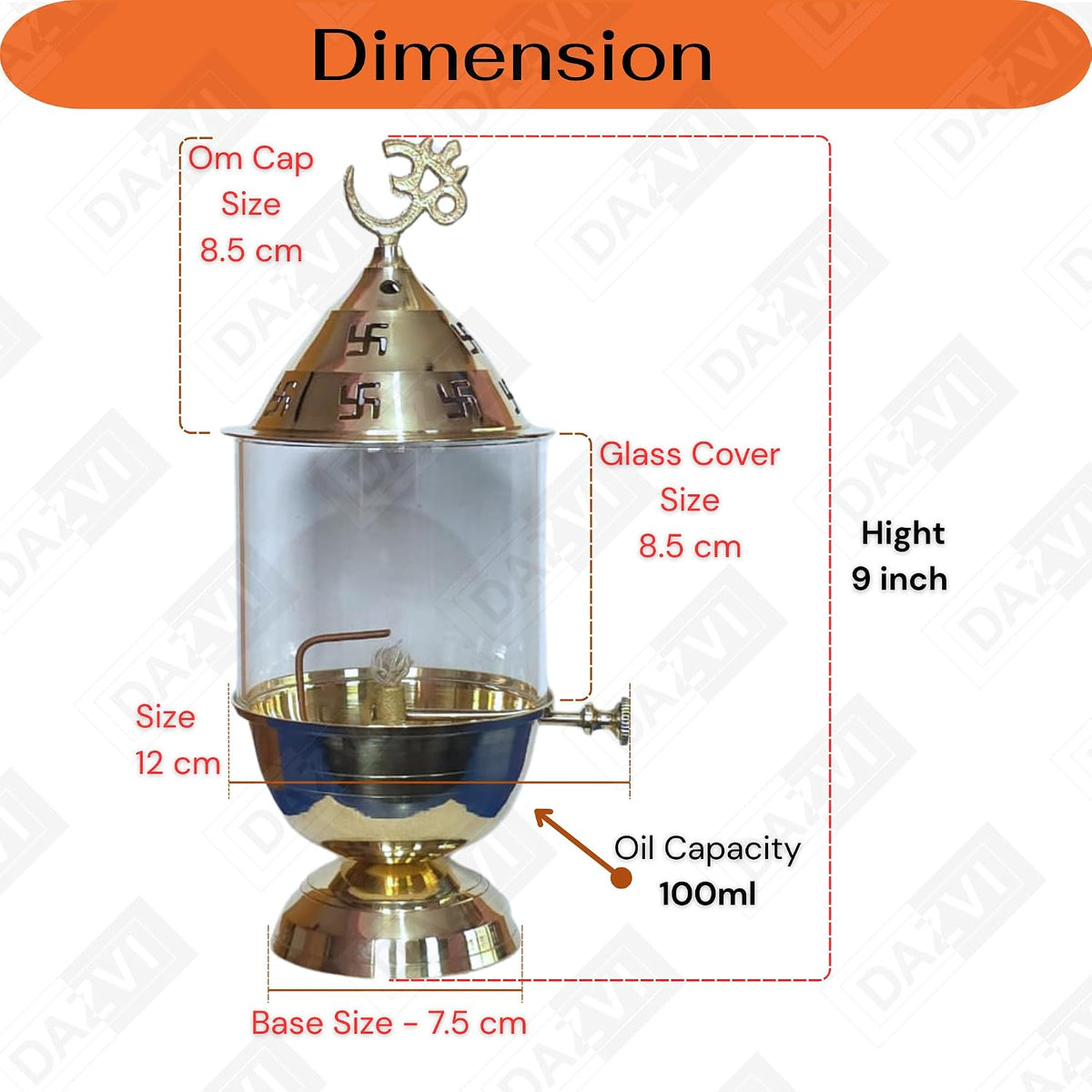 Brass Akhand Jyot Diya with Adjustable Bati Wick Lifting Screw Home Decoration Gifting Joyti Holder Navratri & Borosilicate Glass Cover Diyas Pooja 9 inch 100 m