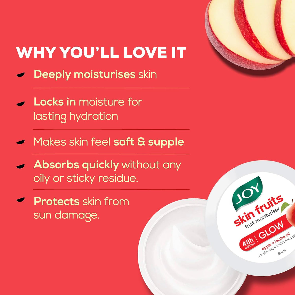 Joy Skin Fruits Moisturizing Skin Cream With Apple, Jojoba & Almond Oil (500ml) | Quick Absorbing & Non Sticky Moisturizer for Face, Hands & Body | Skin Cream F