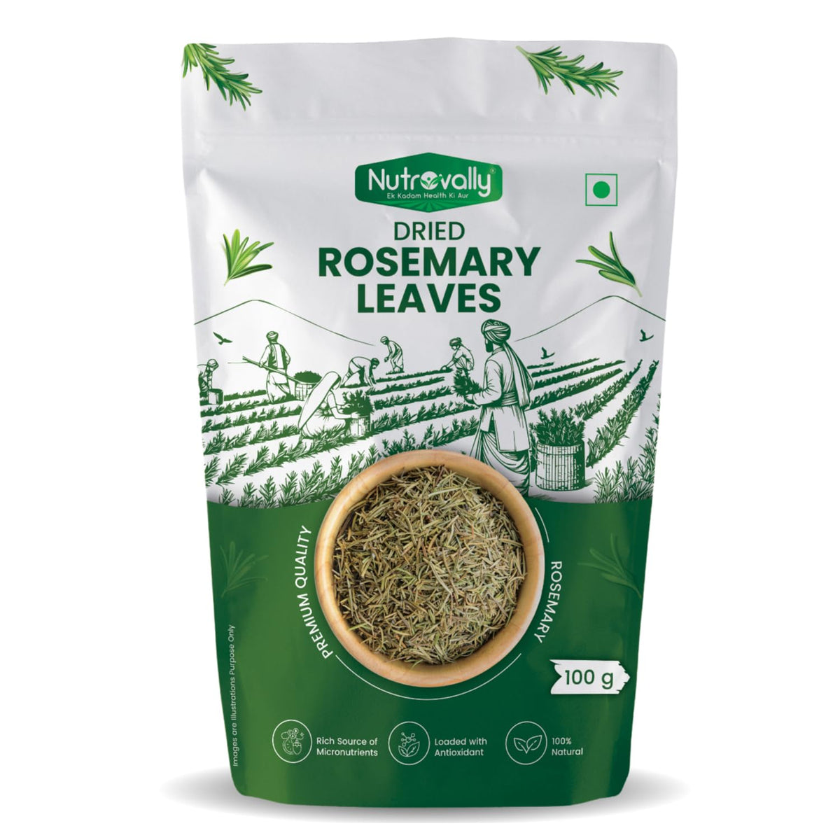 NutroVally Dried Rosemary Leaves 100g | Natural Food Grade Rosemary Leaves Organic | For Hair Care, Rosemary Water, Tea & Seasoning | Resealable Zipper Pouch