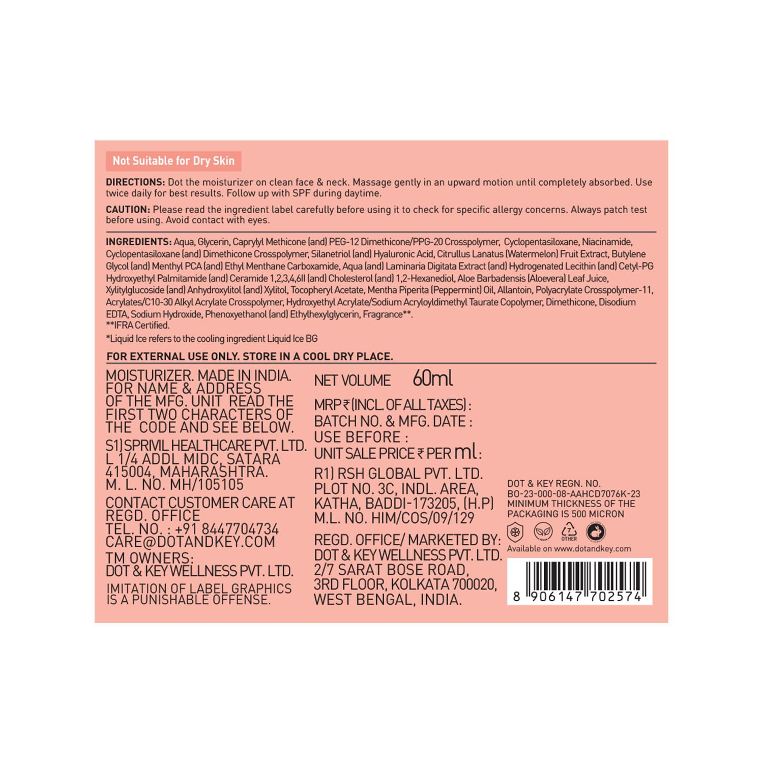 Dot & Key Watermelon Cooling Icy Gel Moisturizer | Instantly Cools Skin, Hyaluronic & Niacinamide | Controls Excess Oil, Boosts Radianc | Refreshes & Soothes Skin, Non-sticky & Non-greasy | 60g