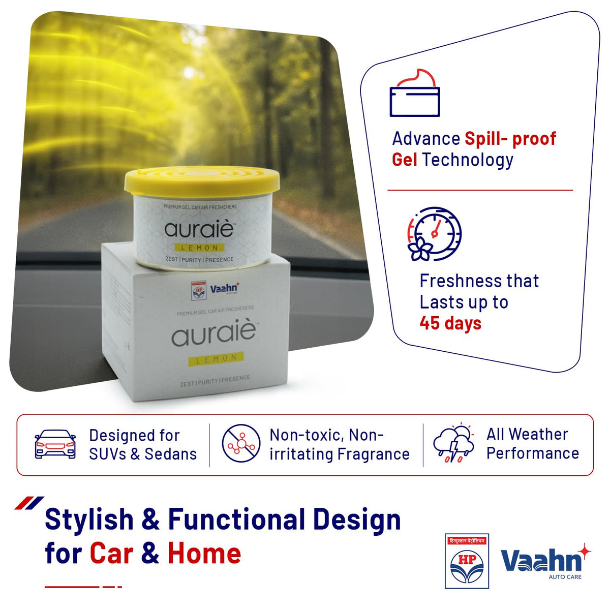 HP Vaahn Lemon Air Freshener for Dashboard & Car Interior | Gel Based Car Perfumes | Deodorizer for Dashboards & Vents | Premium Auto Interior Fragrance | Long-