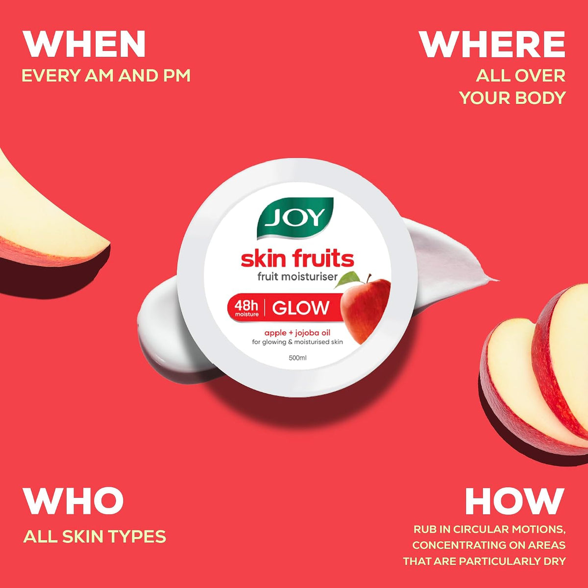 Joy Skin Fruits Moisturizing Skin Cream With Apple, Jojoba & Almond Oil (500ml) | Quick Absorbing & Non Sticky Moisturizer for Face, Hands & Body | Skin Cream F