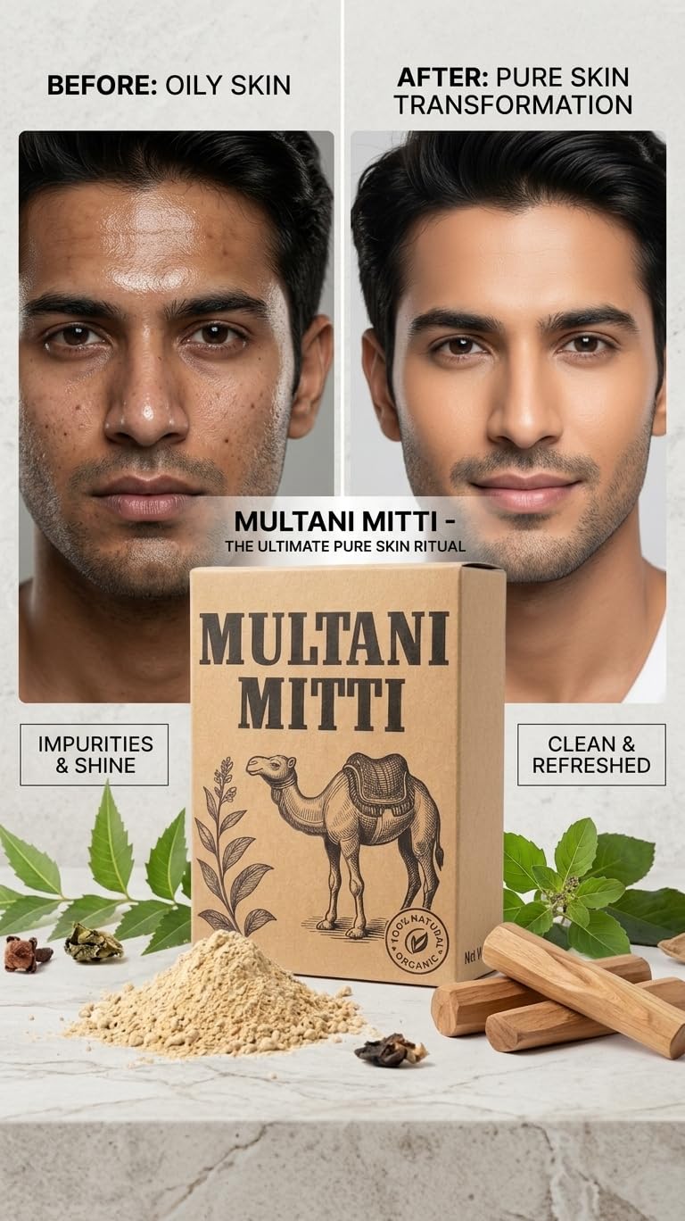 Natural Multani Mitti Powder 80g (Buy 1) - (Get 1 Free) | Total Net Weight 160g | 100% Pure Fuller's Earth Face Pack for Glowing Skin, Oil Control, Tan Removal
