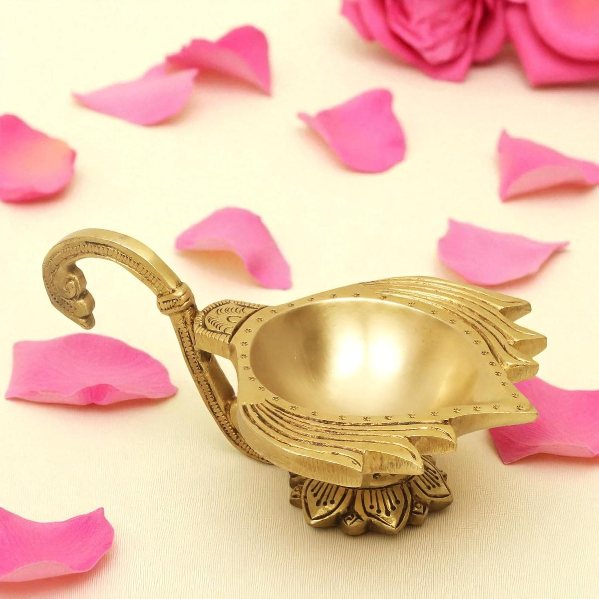 SHANTI 100% Pure Brass Lotus Shape Akahnd Diya/Oil Lamp/Kamal Patta Deepak/Diya for Puja Room (LP3421)