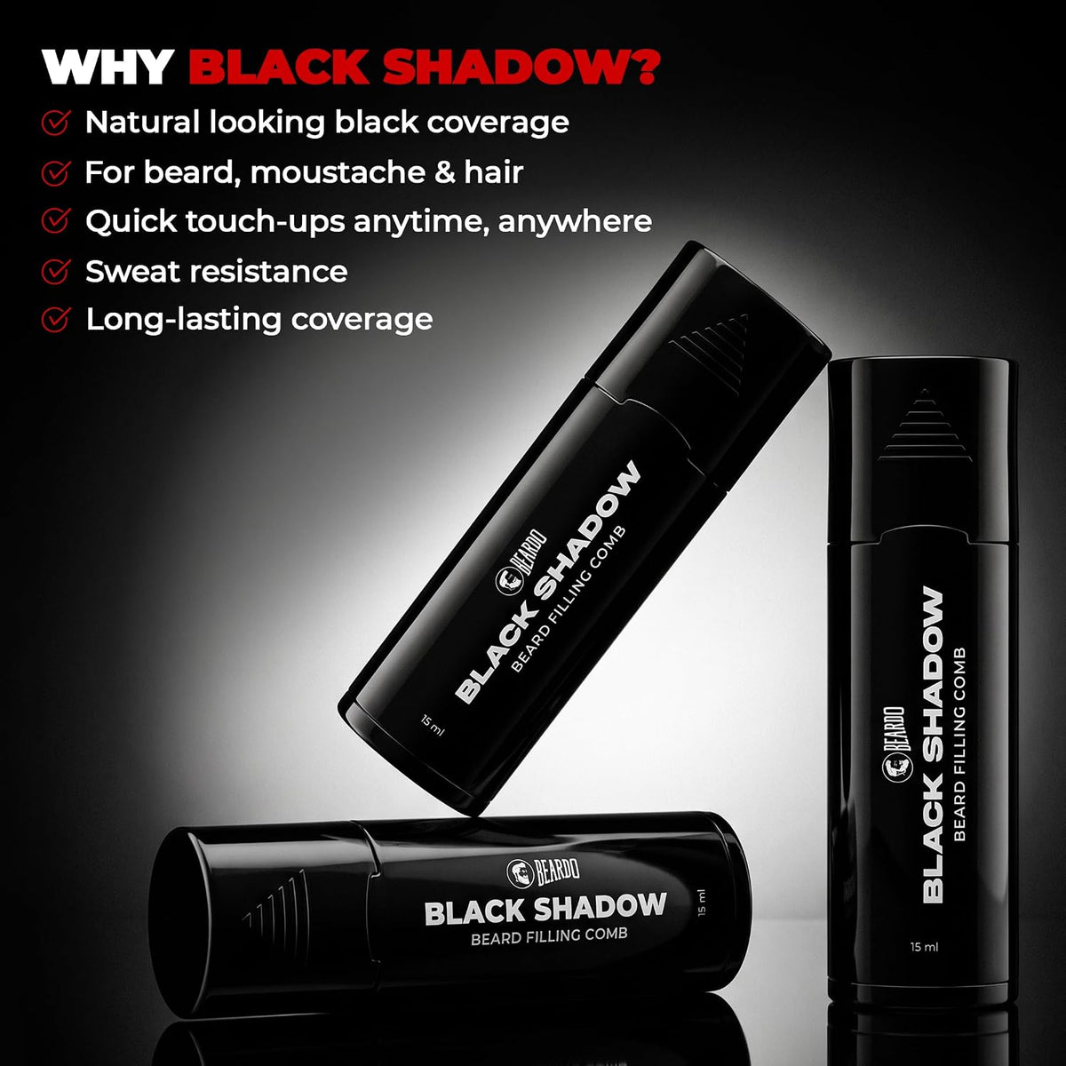 Beardo Black Shadow Beard & Hair Touch-Up Pen for Men | Precision Comb Tip for Grey Coverage | Instant Natural-Looking Color | Mess-Free Application | Quick Bea