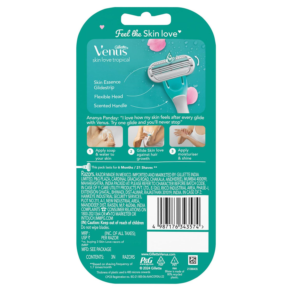 Gillette Venus Women's Venus Skin Love with Skin Essence Razor for Hair Removal - Green, Pack of 3 Green 1 count (Pack of 3) Flexible,Disposable Razor