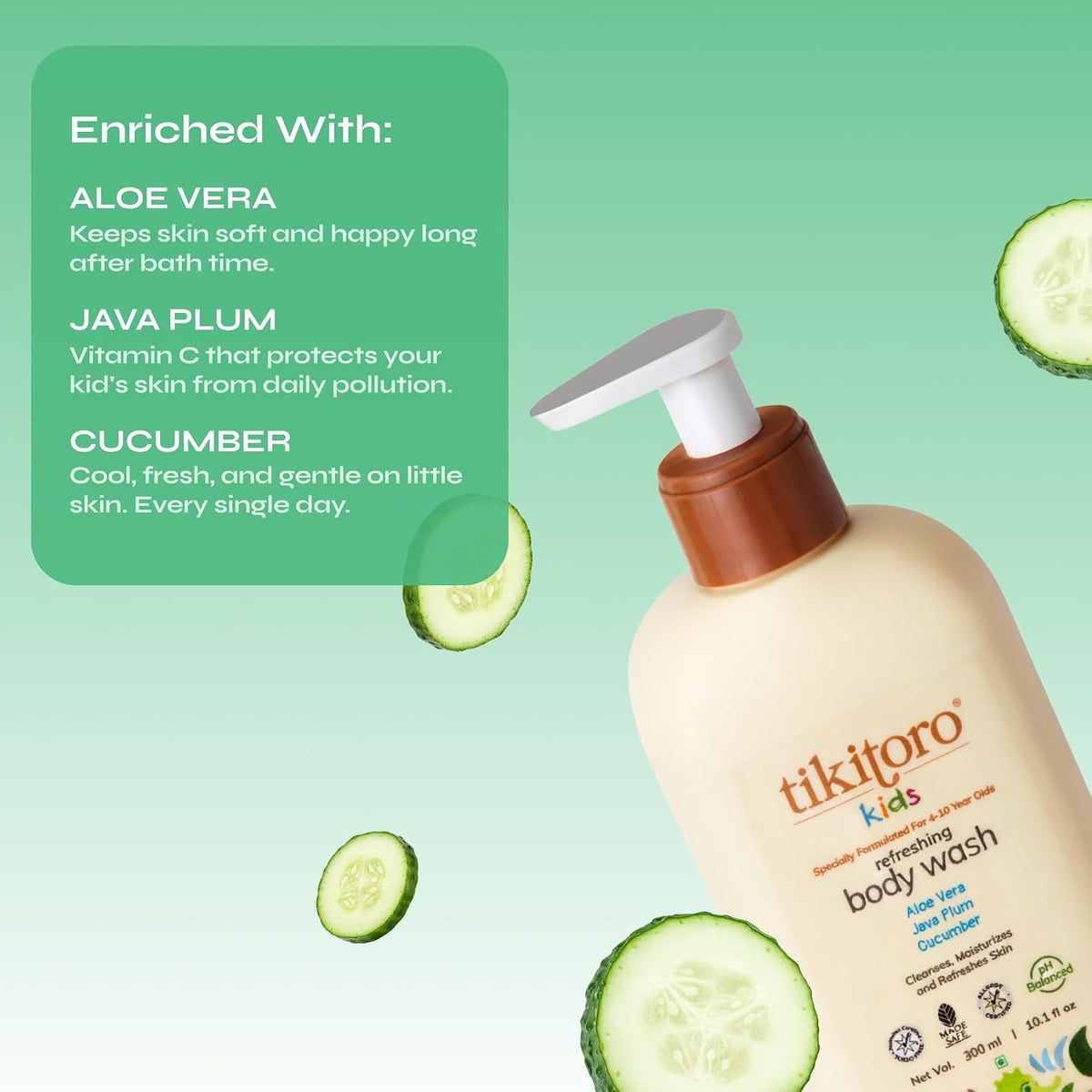 Tikitoro Kids Refreshing Body Wash | Pediatrician Approved | Deeply Cleanses, Hydrates & Refreshes Skin | Cucumber, Java Plum, Vitamin C & Aloe Vera | No Parabe