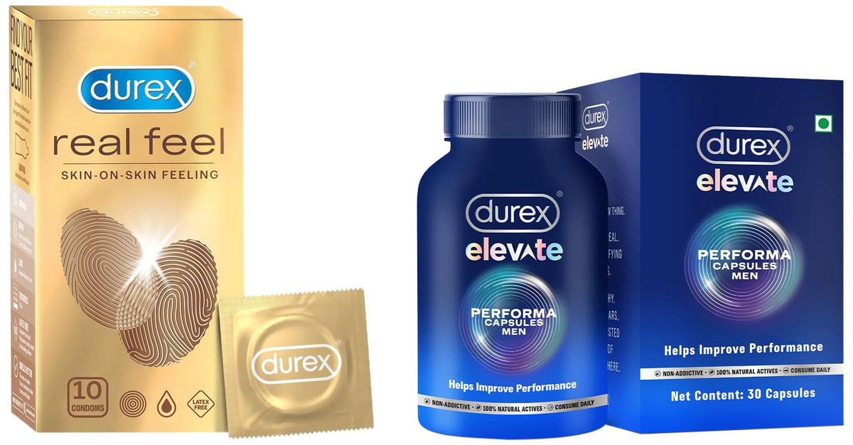Durex Elevate Performa Shilajit Capsules For Men with Durex Real Feel Condoms for Men - 10 Count | Latex Free