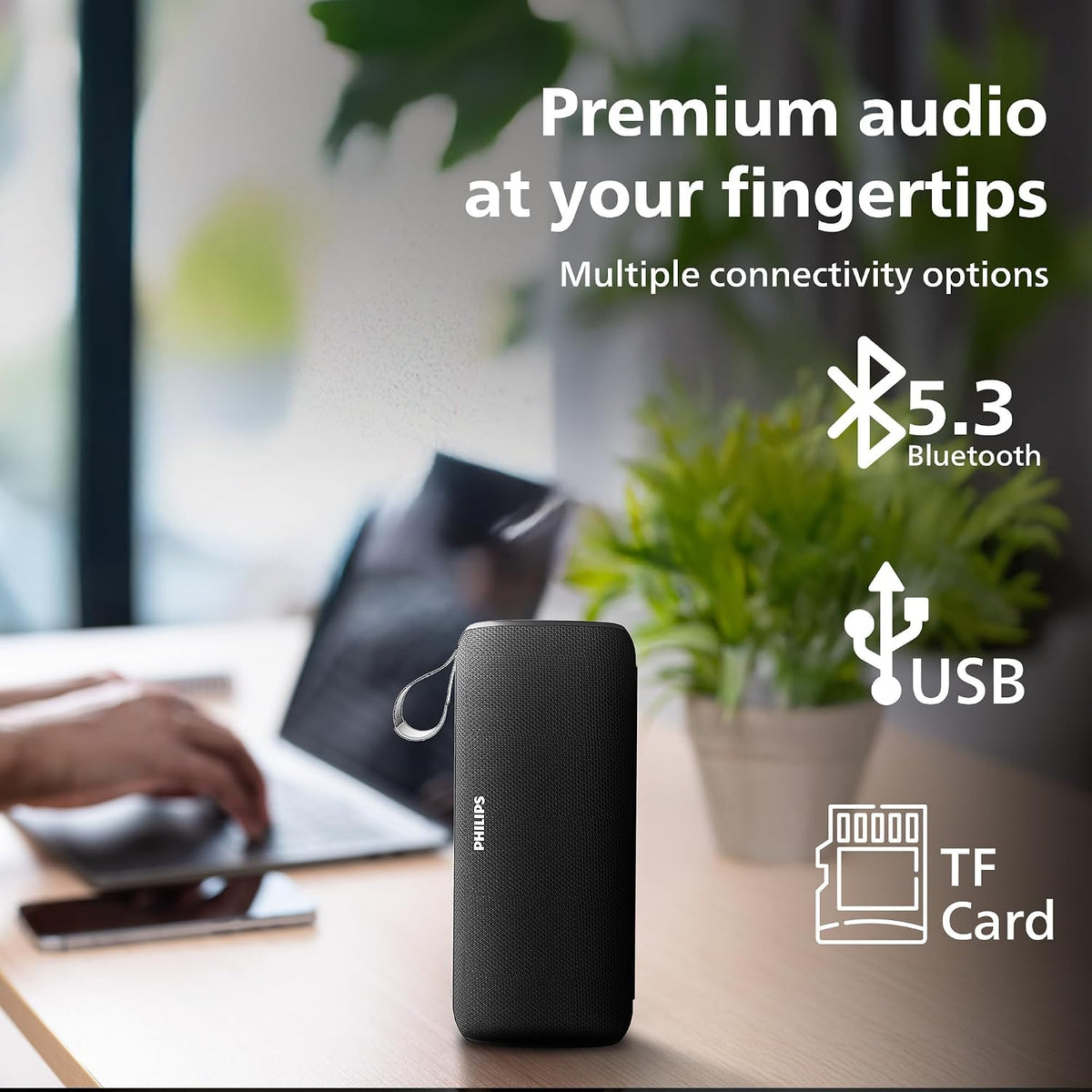 PHILIPS Audio TAS2400BK Portable Bluetooth Speaker with Stereo Sound, 32W RMS, 2400mAh Rechargeable Battery, BT v5.3 Connectivity, IPX4 Waterproof, Supports TF/