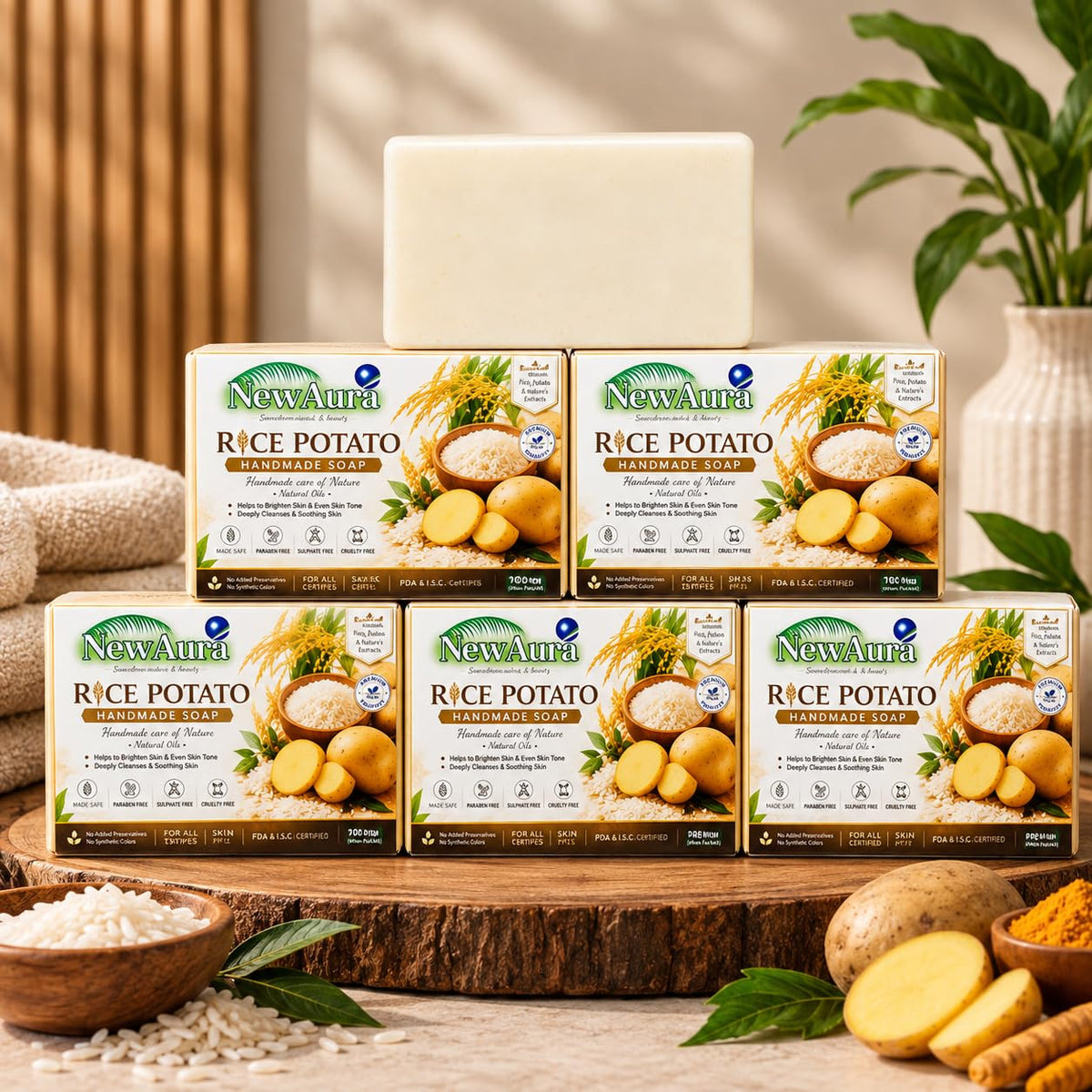 Ghar Ka Magic with NewAura Rice Potato Handmade Soap, Pack of 3, 100g Each Ghar Ka Magic Soap With NewAura Ghar Ka Magic With NewAura Soap Rice Potato 200 x 2I