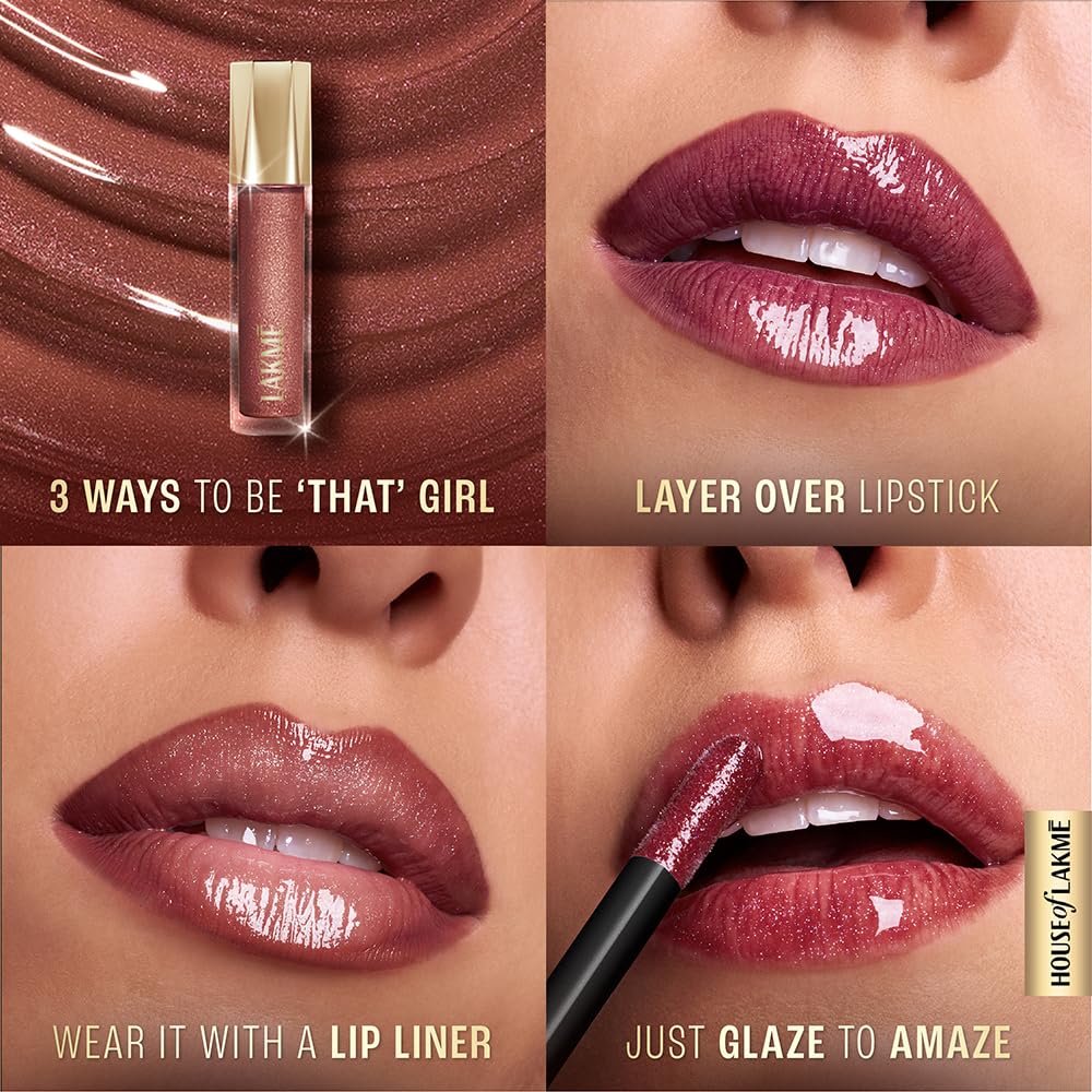 Lakme Glitterati Lip Glaze, for Plump and Shiny Lips, with Vegan Collagen and Crystal Technology, Non-Sticky Formula, Glitter Infused, Delicious Coconut-Vanilla