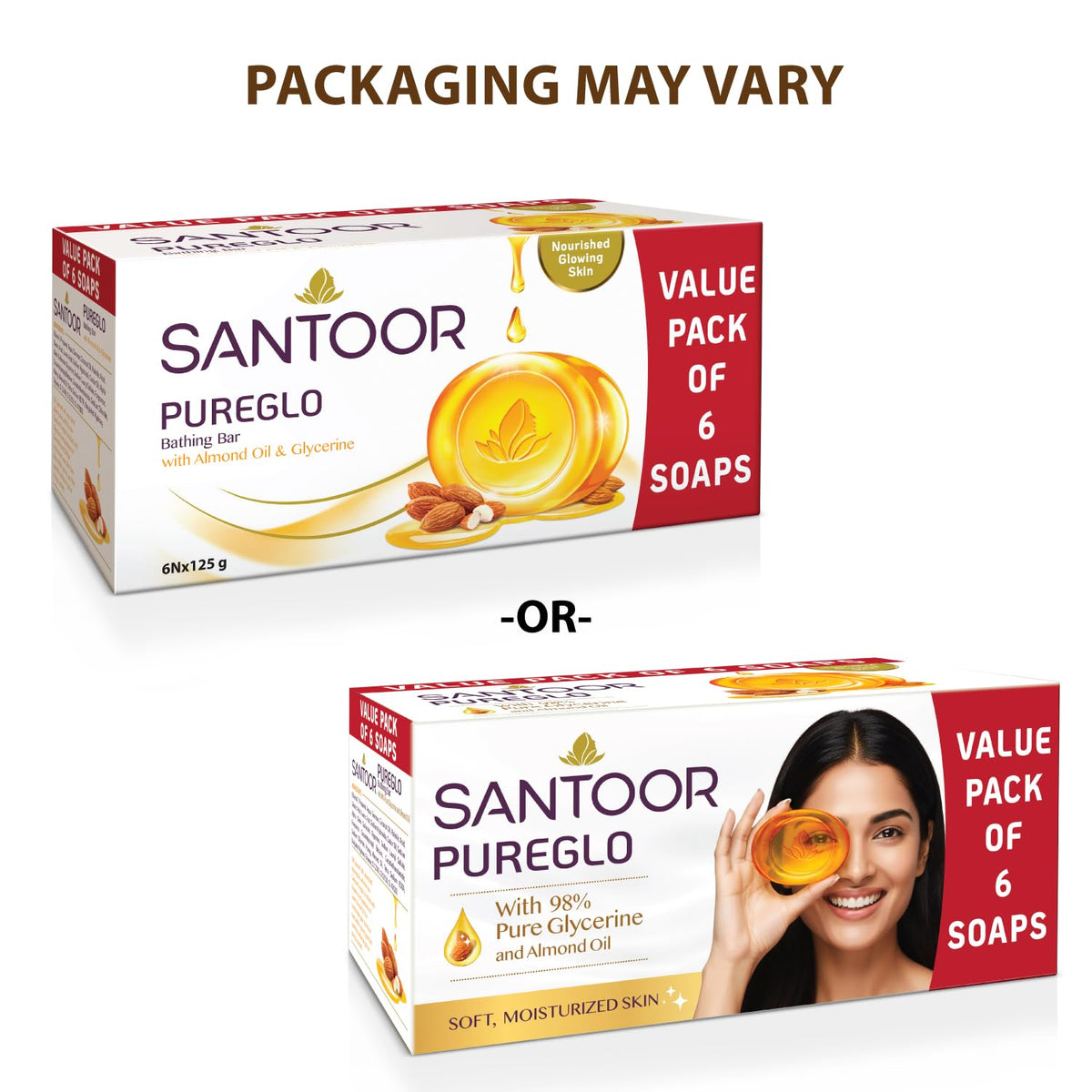 Santoor PureGlo Glycerine Soap with Almond Oil and Glycerine, 125g (Pack of 6) for Nourished Glowing Skin
