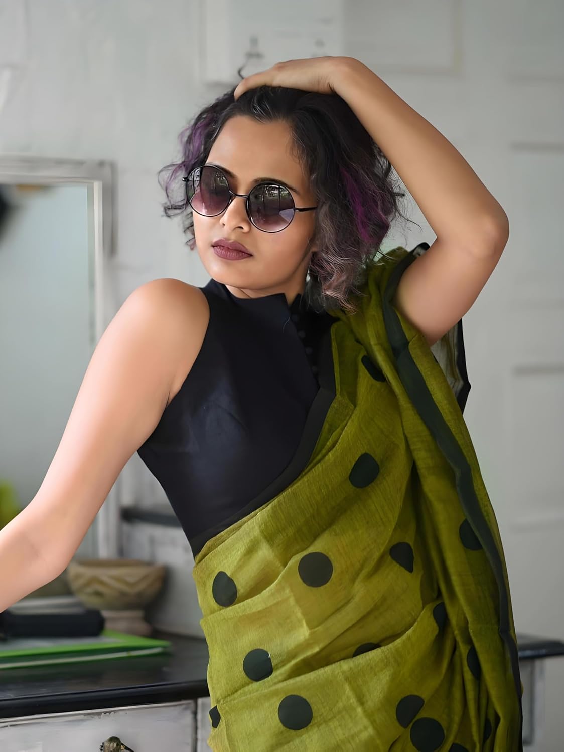 Sidhidata Women's Polka Dot Printed Linen Cotton Saree With Unstitched Blouse Piece (Laddu_Free Size) Mehendi