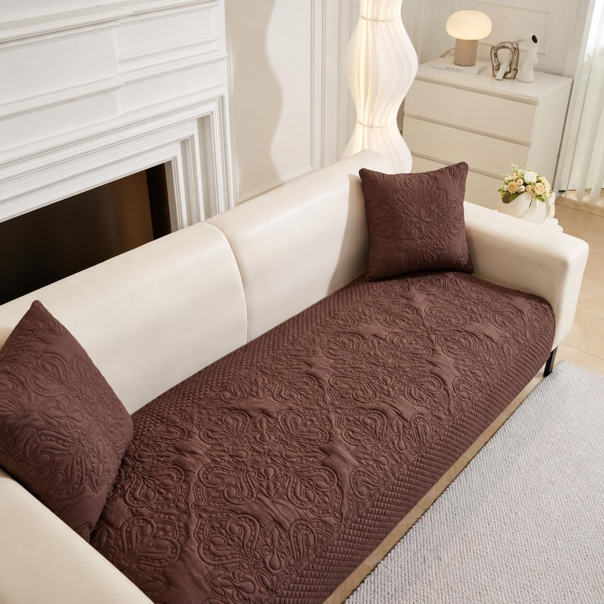 HOMETHREADS Premium Embroidered Cotton Sofa Cover Mat with PVC Backing for Non-Slip Comfort (Brown, 5 Seater | 70x230cm) 5 Seater | 70x230cm Brown