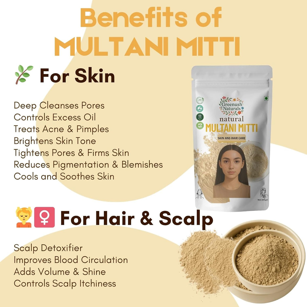 Multani Mitti Powder 100g – 100% Pure & Natural Clay for Skin and Hair Care | Acne Control, Oil Absorption, Nourishment & Soft Glowing Skin