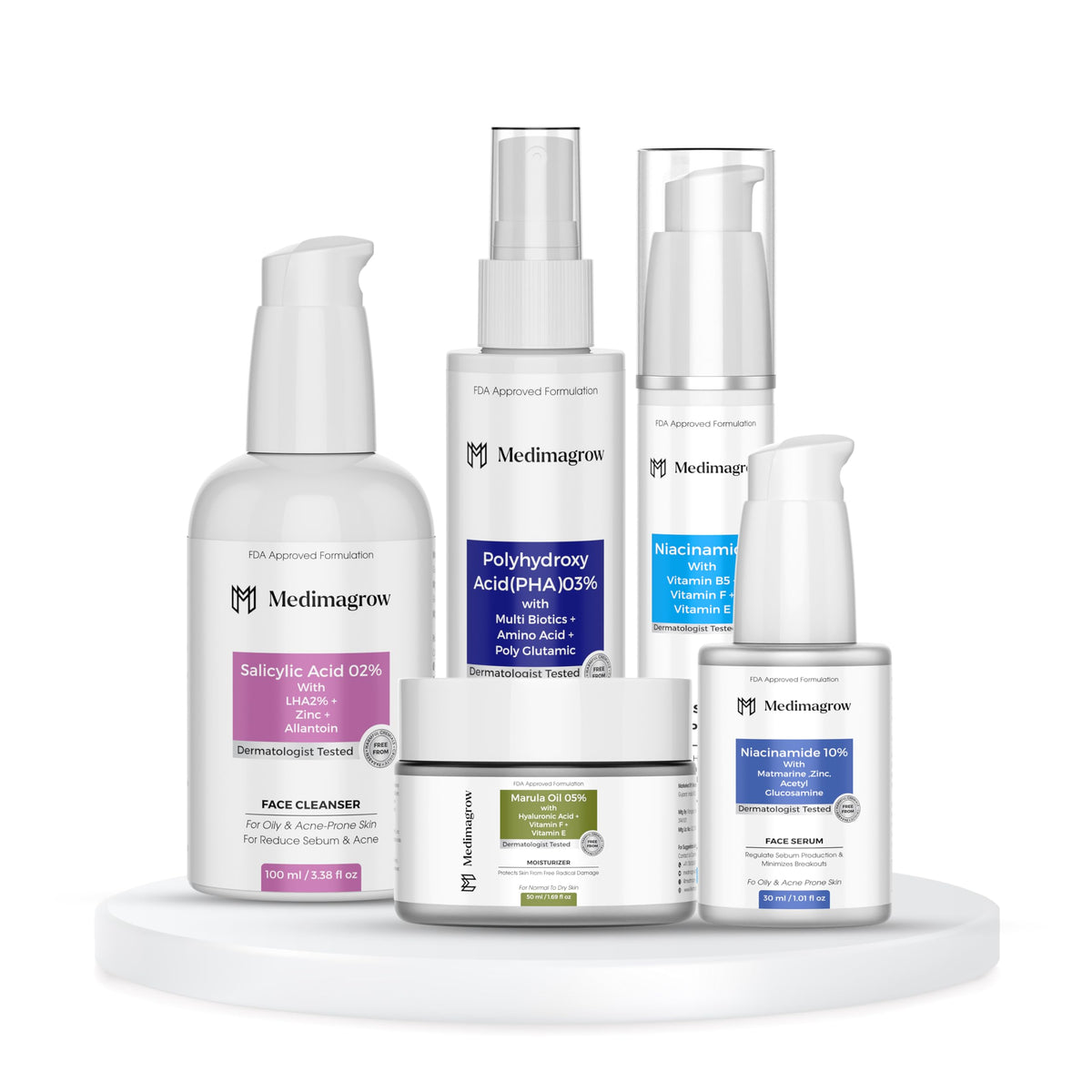 5-in-1 Glow & Pore Care Combo – Salicylic Cleanser, PHA Toner, Niacinamide Serum, Marula Moisturizer & SPF 50 Daily routine skin care